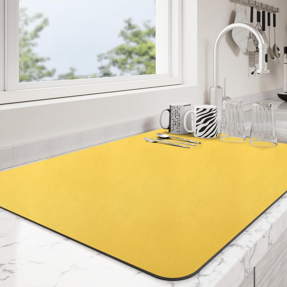 Dish Drying Mat for Kitchen Counter | Coffee Bar Mat for Countertops | Heat Resistant Drainer Mat with Non-slip Rubber Backed | Hide Stain Kitchen Absorbent Draining Mat | Yellow 18"x28"