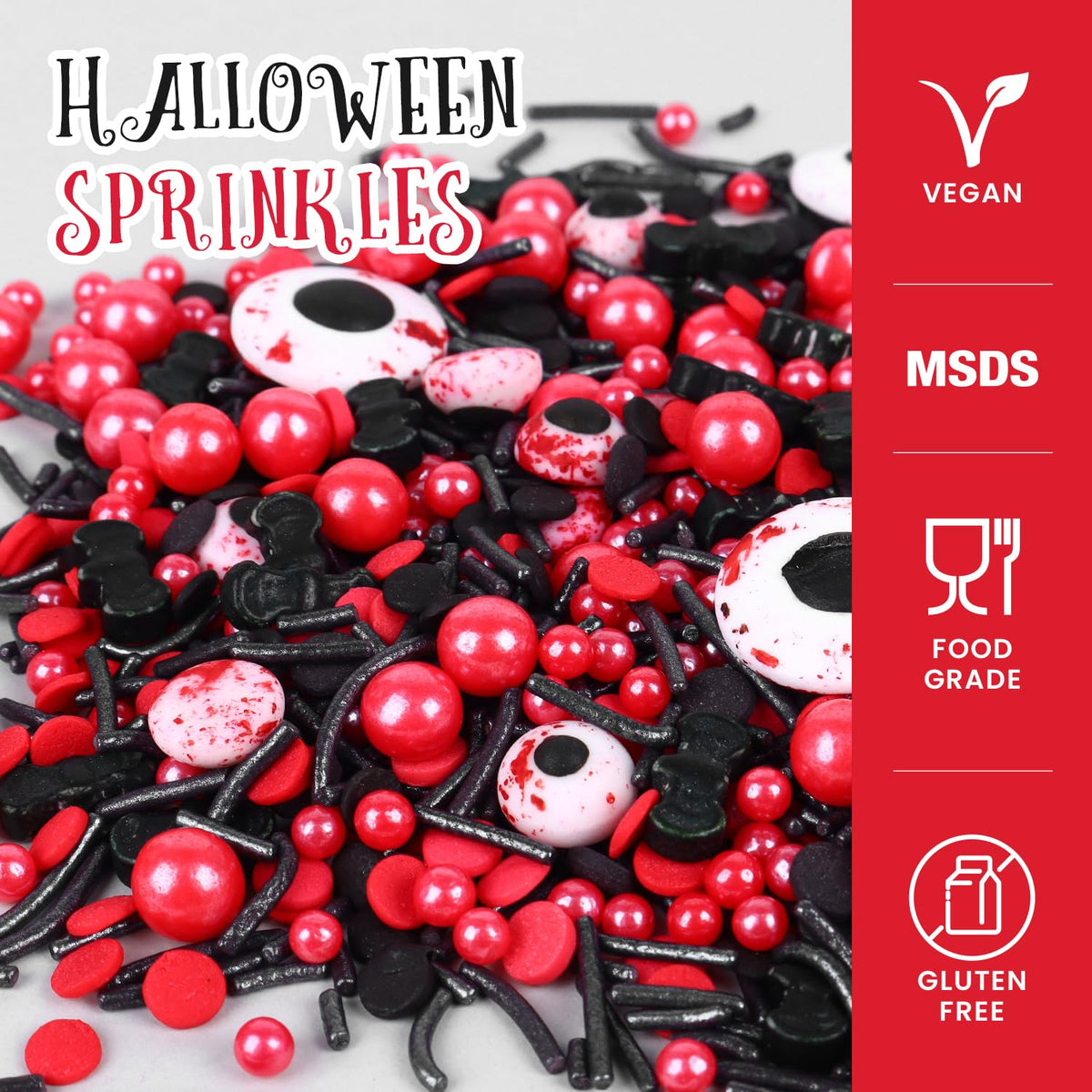 Halloween Sprinkles for Cake Decorating, Black & Red Pearl Sprinkles with Black Bats & Eyeball Candy, Perfect for Halloween Dessert Party 4.23 Ounce
