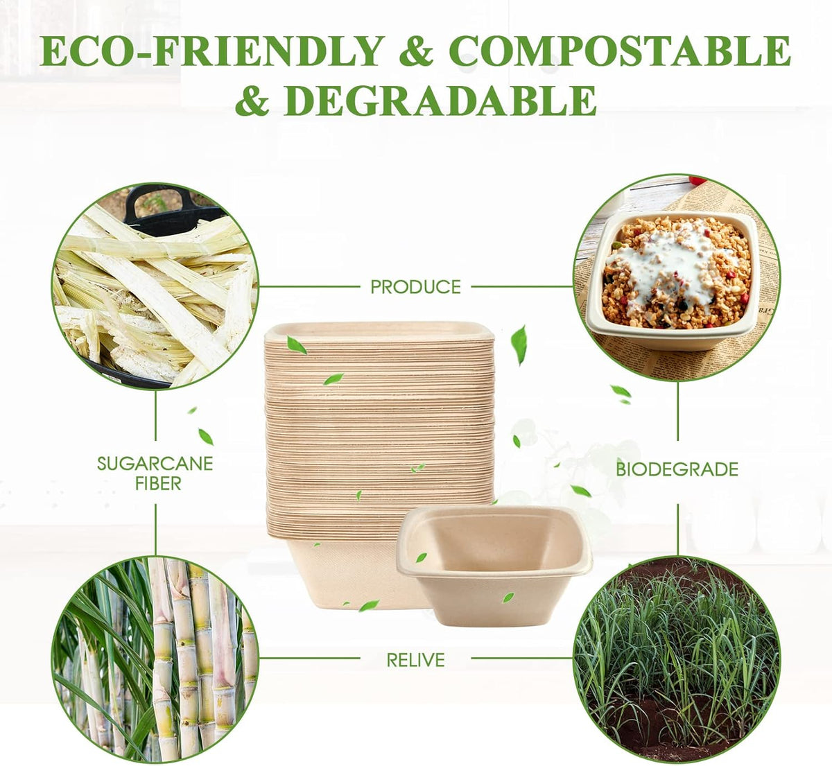 Vplus 150 Pack 32 OZ Paper Bowls Bulk, Square Disposable and Compostable, Eco-friendly Bagasse, Heavy-duty Bowls Perfect for Milk Cereals, Snacks, Salads