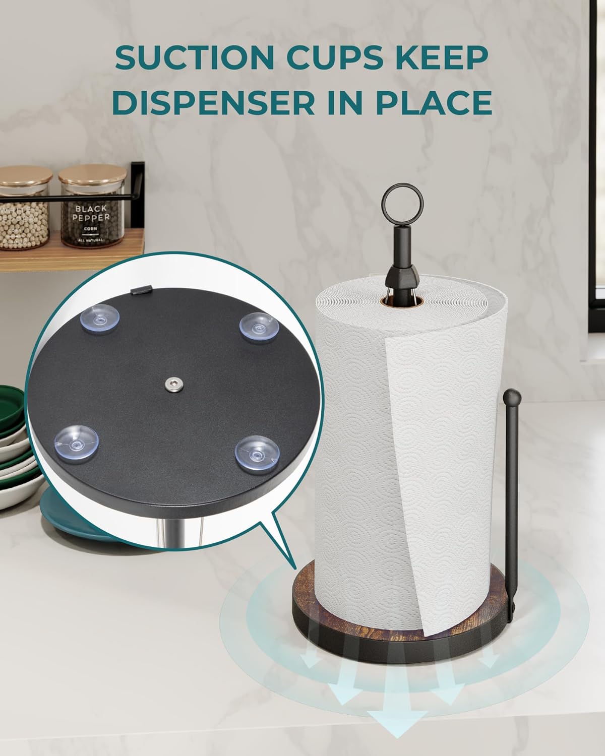 OROPY One-Hand Tear Paper Towel Holder Countertop, Farmhouse Wood Paper Towel Roll Holder with Ratchet Mechanism and Suction Cups fits Standard and Jumbo Size Paper Towels