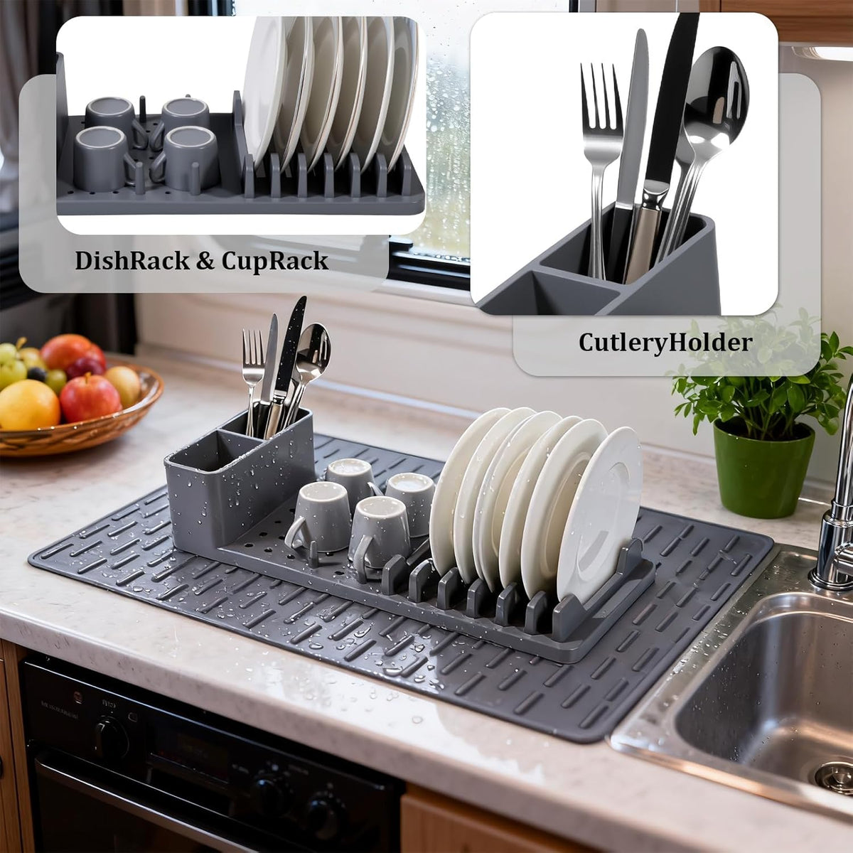 Silicone Dish Drying Rack with Mat - Foldable Space Saving Kitchen Sink Organizer, Countertop Drainer for Dishes Utensils (50x35cm Mat & Detachable Holder)