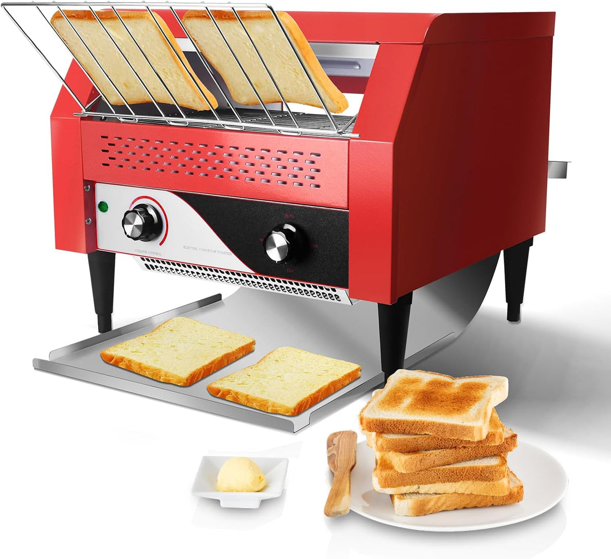 Commercial Conveyor Toaster 450 Slices/Hour Red Conveyor Toaster 3 Modes/7 Speeds Stainless Steel Tabletop Toaster for Toast, Bagels and Other Baked Breads
