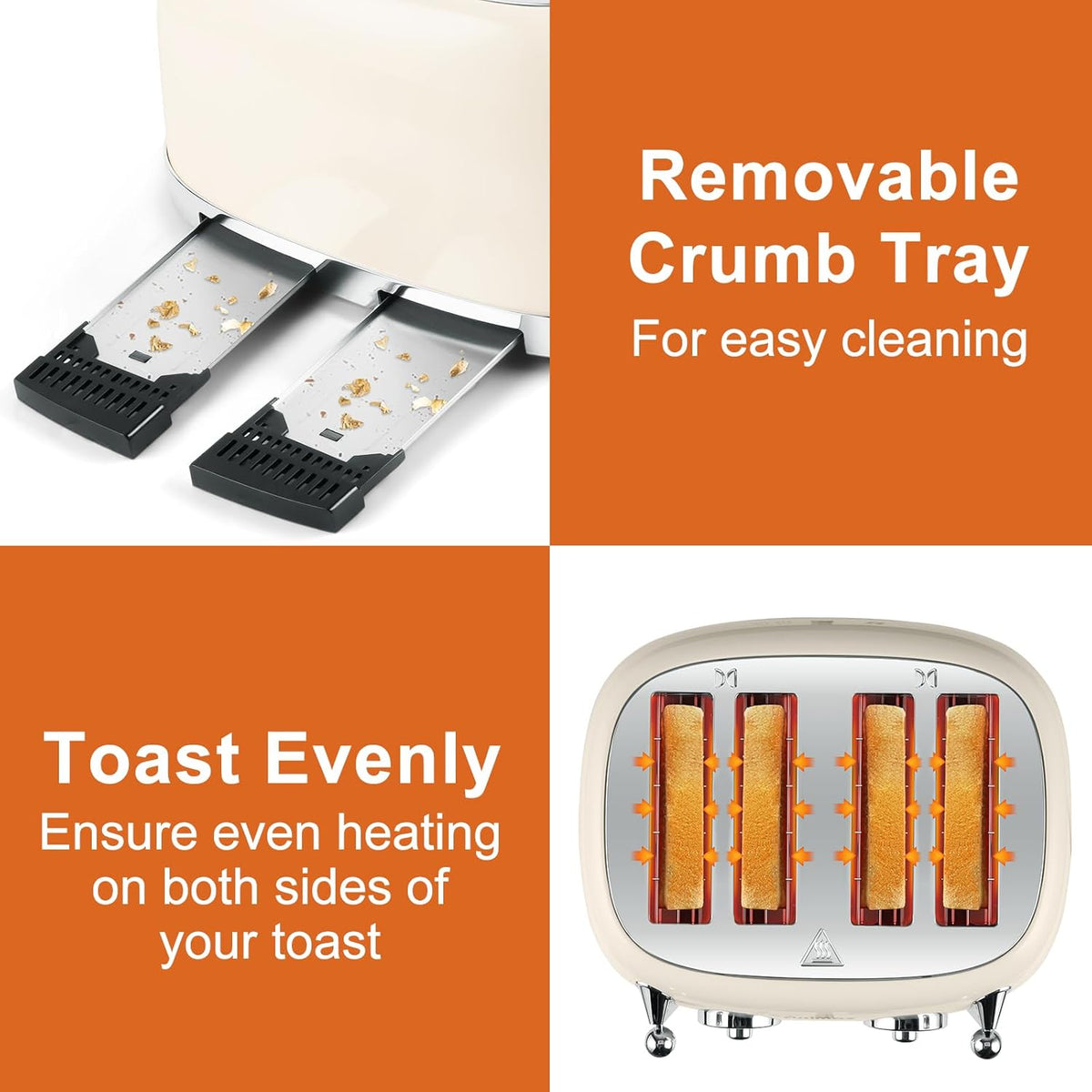 CUSIMAX Retro 4 Slice Toaster With Wide Slots for Bagels, Stainless Steel, 6 Toast Settings, Bagel, Cancel, Defrost & Reheat Functions, Dual Independent Control Panels, Cream