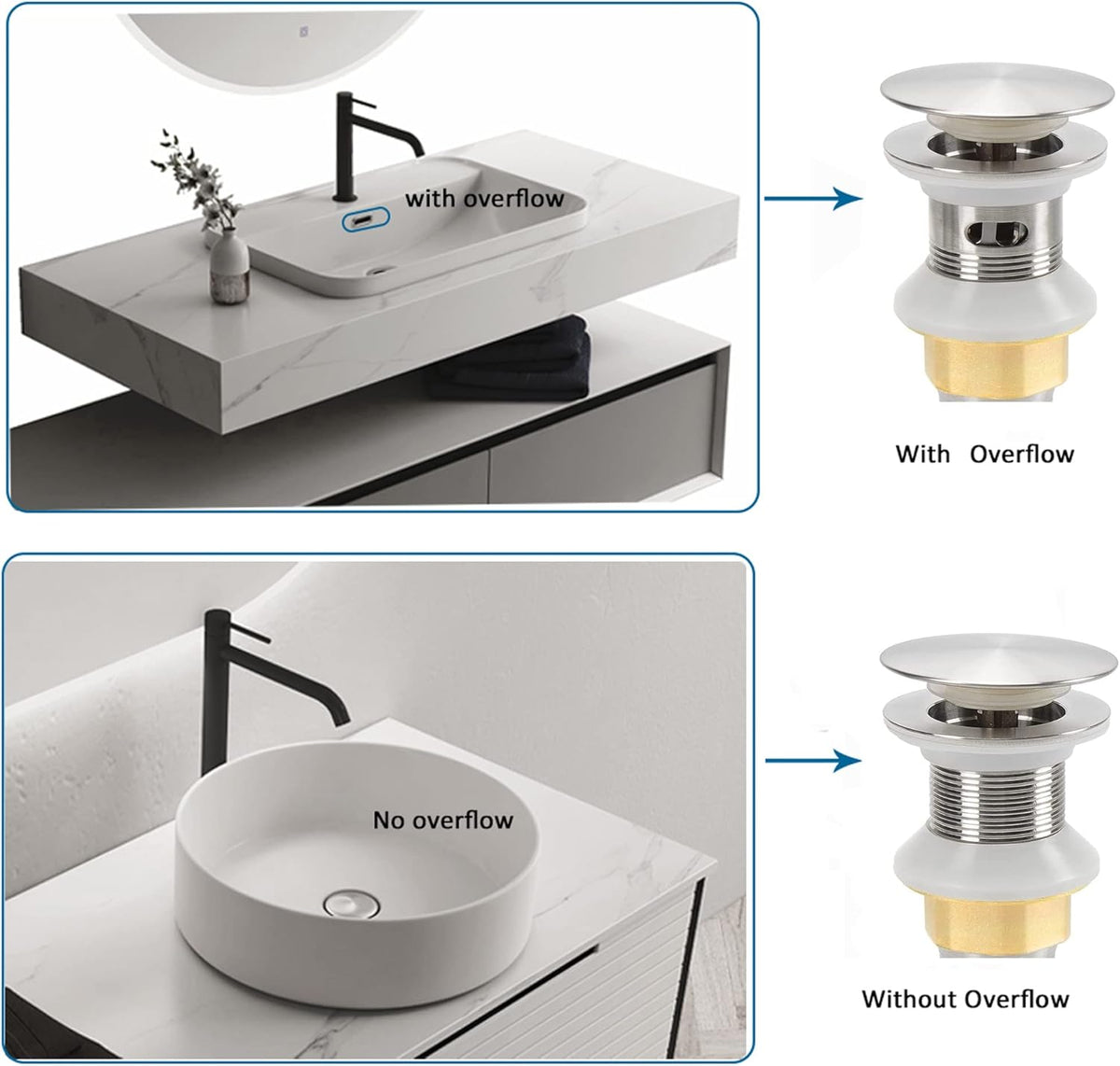 Bathroom Sink Drain,Drain Stopper Bathroom Sink with Overflow,Pop Up Drain Assembly with Detachable Strainer Basket,Built-in Anti-Clogging Strainer,Stainless Steel Brushed Nickel