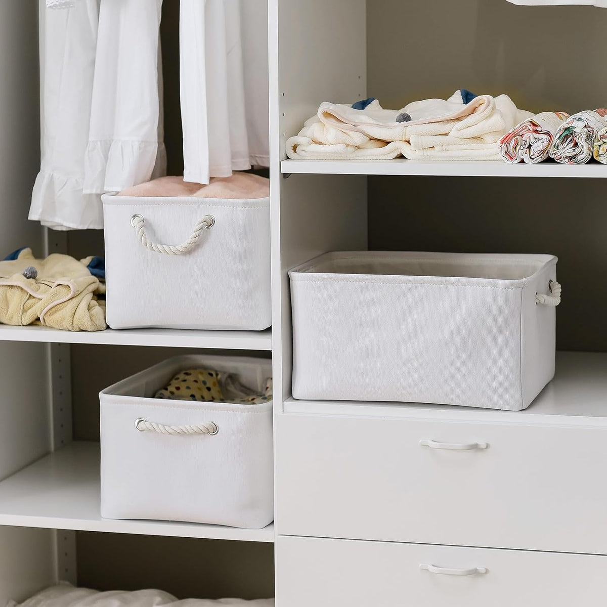TheWarmHome Storage Basket for Gifts Empty - Large 3 Pack 15.7x11.8x8.2 inch Storage Basket for Organizing with Handles, Canves Storage Bins for Organizer Closet Toy Cubes Gift (White)