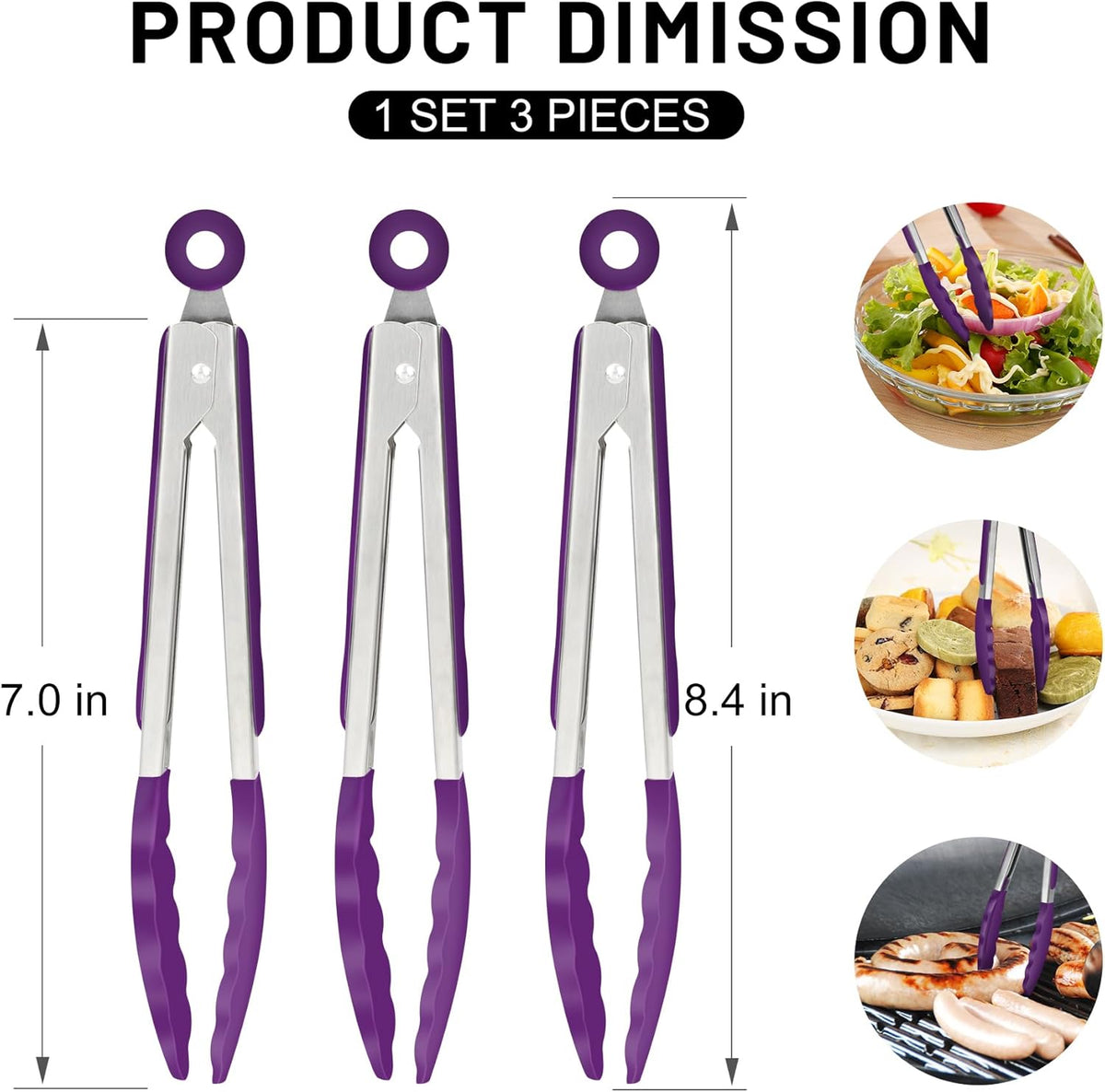 Hotec Mini Silicone Kitchen Tongs for Cooking - 7-Inch Small Serving Tongs with Silicone Tips, Set of 3 (Purple)