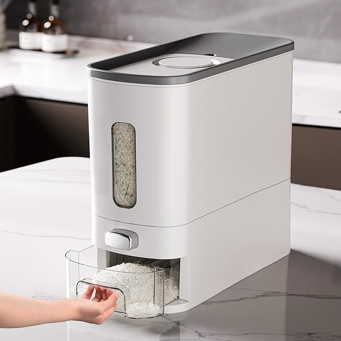 IEEK Rice Dispenser 12 Lbs,Large Cereal Dry Food Storage Containers Rice Storage Container Sealed Moisture Proof with Measuring Cup for Kitchen Pantry Household, White and Grey