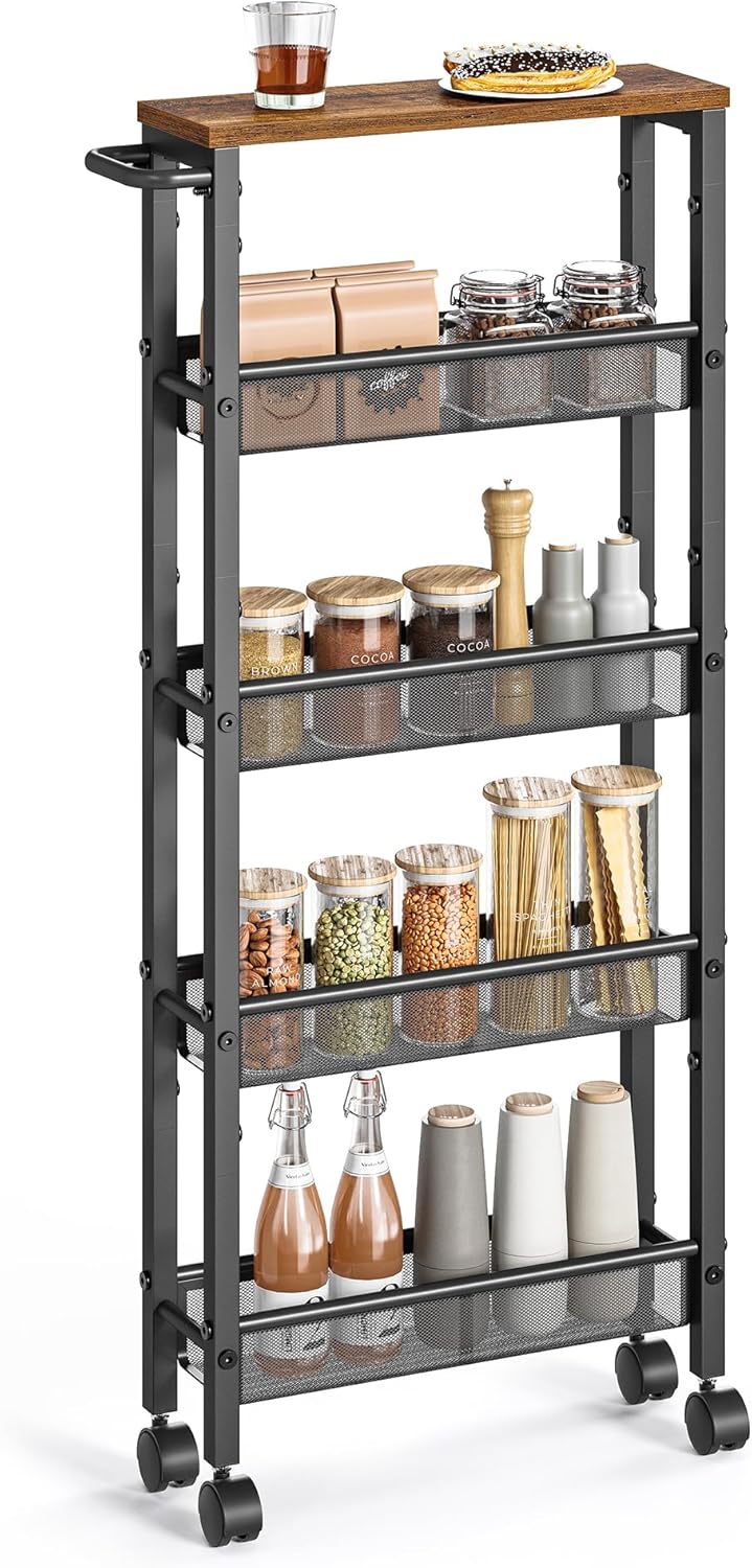 VASAGLE Slim Rolling Cart, 5-Tier Storage Cart, Narrow Carts with Handle, 5.1 Inches Deep, Metal Frame, for Kitchen, Dining Room, Living Room, Home Office, Rustic Brown and Classic Black ULRC034B01