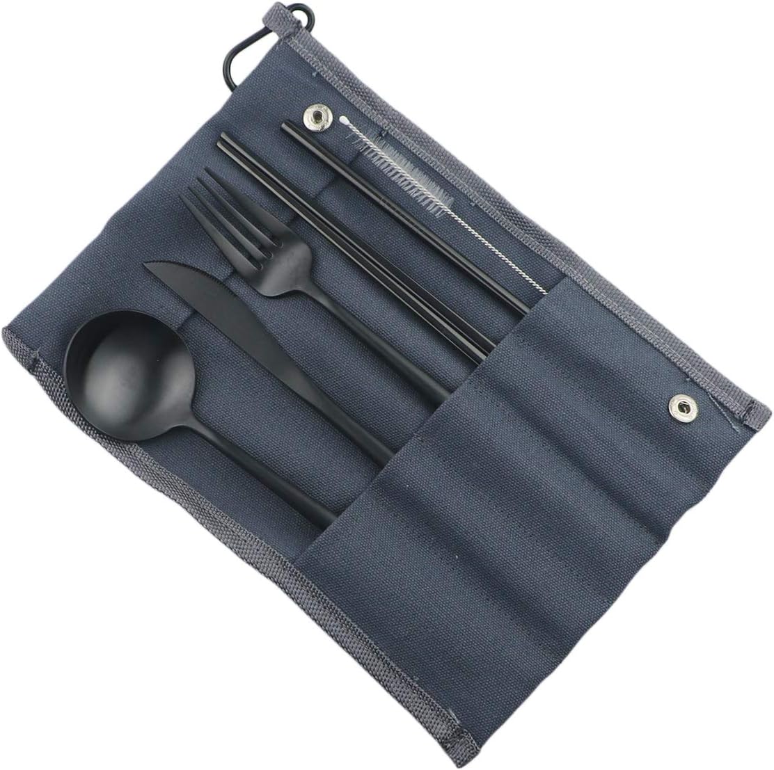 Gugrida Reusable Travel Utensils, 7 Piece Portable 304 Stainless Steel including Knife Fork Spoon Chopsticks Cleaning Brush Straws Portable Pouch, Eco-friendly Camping Silverware Set, Dishwasher Safe