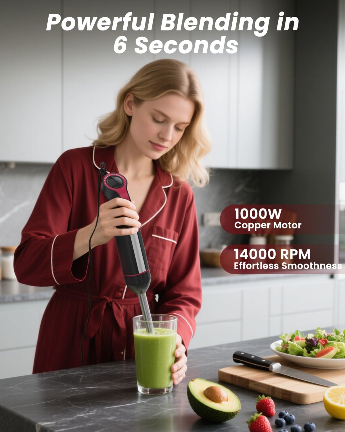 Immersion Blender Handheld 1000W, 3 in 1 Stick Hand Blenders for Kitchen with 20 Variable Speeds & Turbo, 304 Stainless Steel with Electric Whisk & Milk Frother Attachments for Soup, Puree & Emulsion