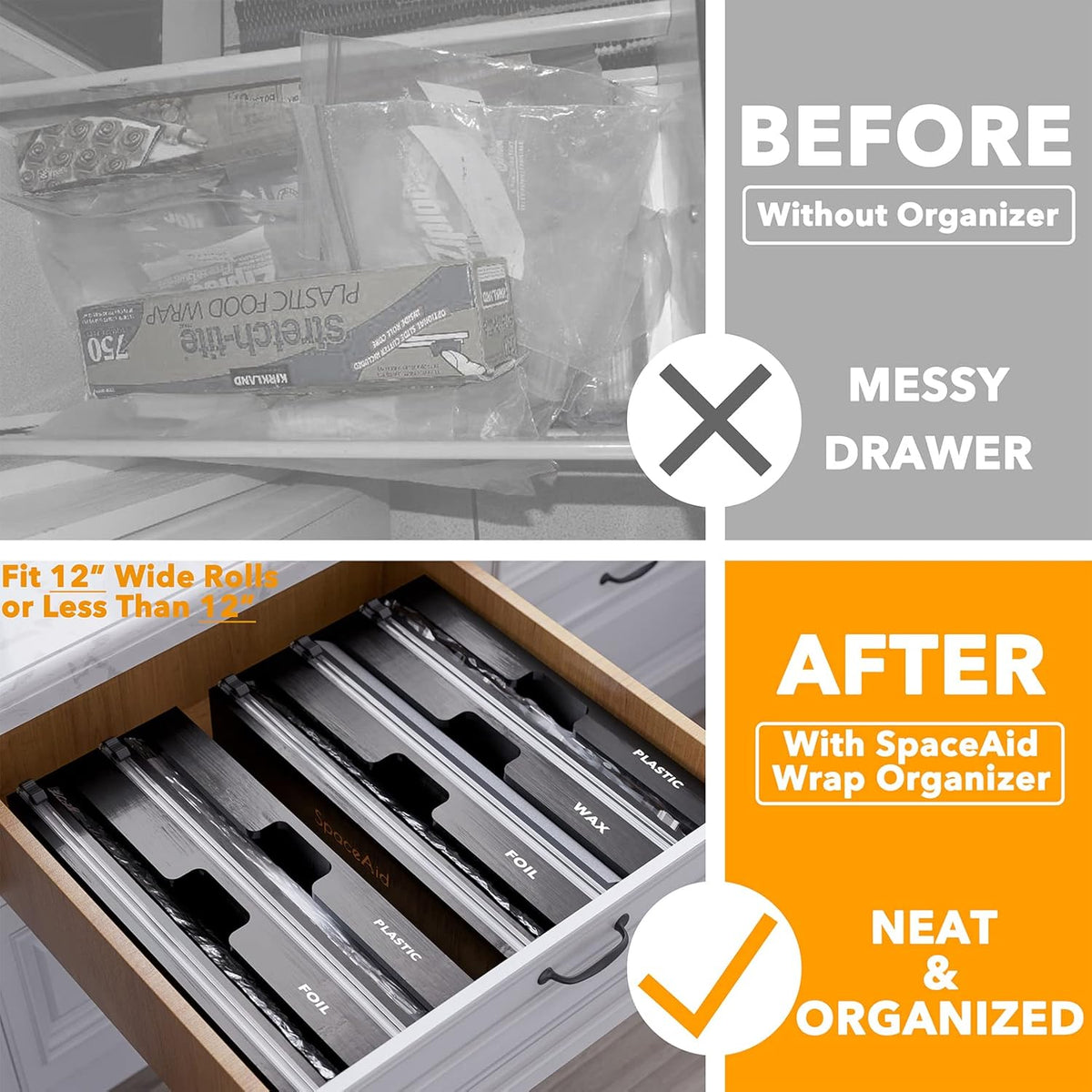 SpaceAid WrapNeat 3 in 1 Wrap Organizer with Cutter and Labels, Plastic Wrap, Aluminum Foil and Wax Bamboo Dispenser for Kitchen Storage Organization Holder for 12" Roll (Black)