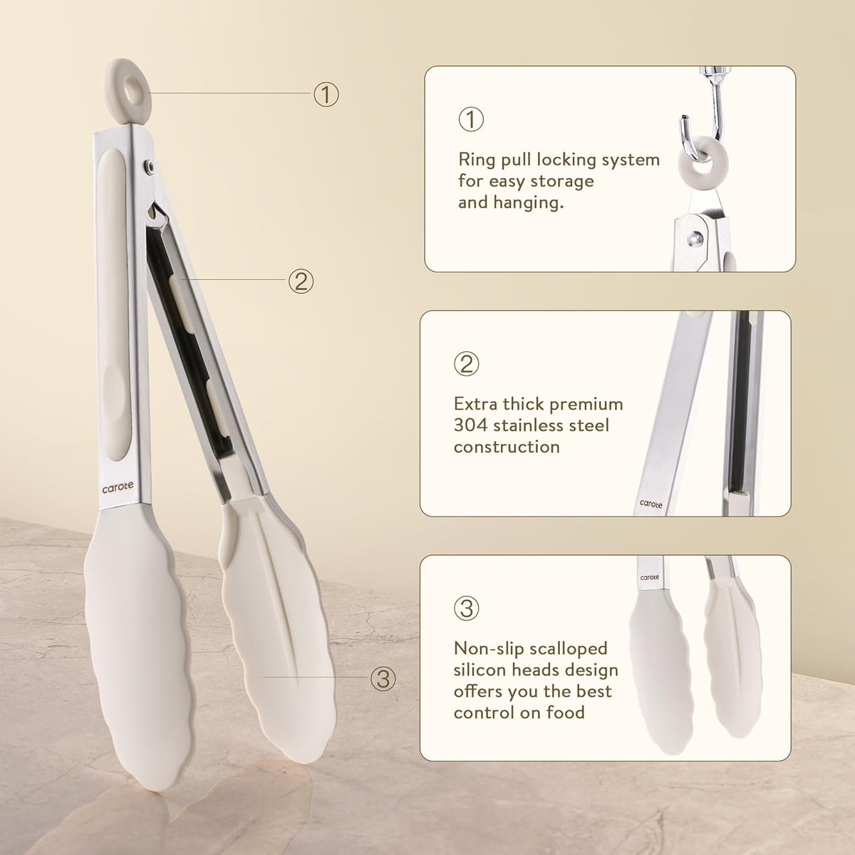 CAROTE Tongs for Cooking 428ºF Heat Resistant Locking Stainless Steel Kitchen Tongs with Non Scratch Silicone Tips, Perfect for Nonstick Cookware, BBQ Tongs Set of 3 (7"+9"+12")