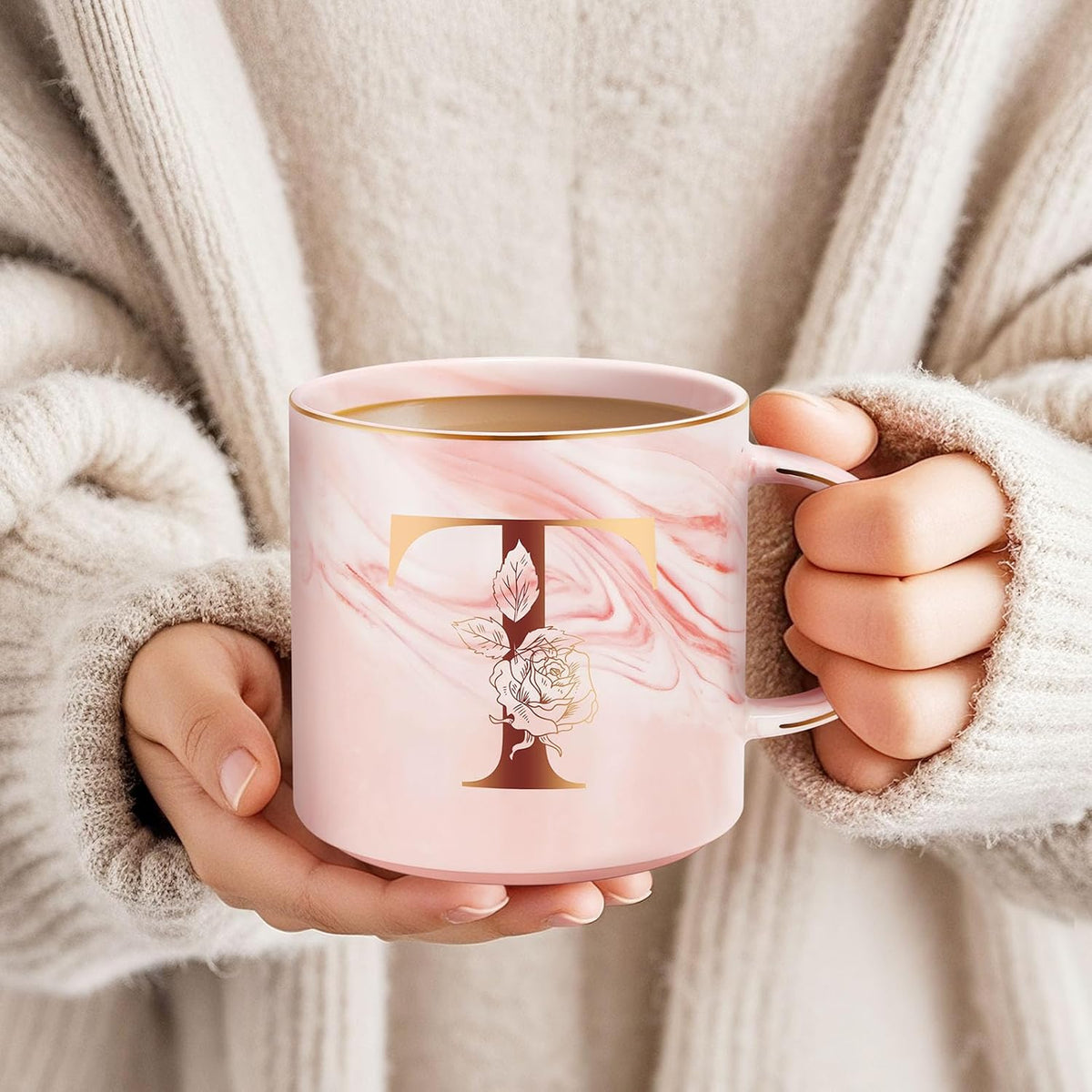 Personalized Gifts for Women Coffee Mug, Initial Customized Gift Monogrammed A-Z Coffee Mug 12 OZ, Christmas Anniversary Birthday Gifts for Women Mom Grandma Friend Sister Wife (T)