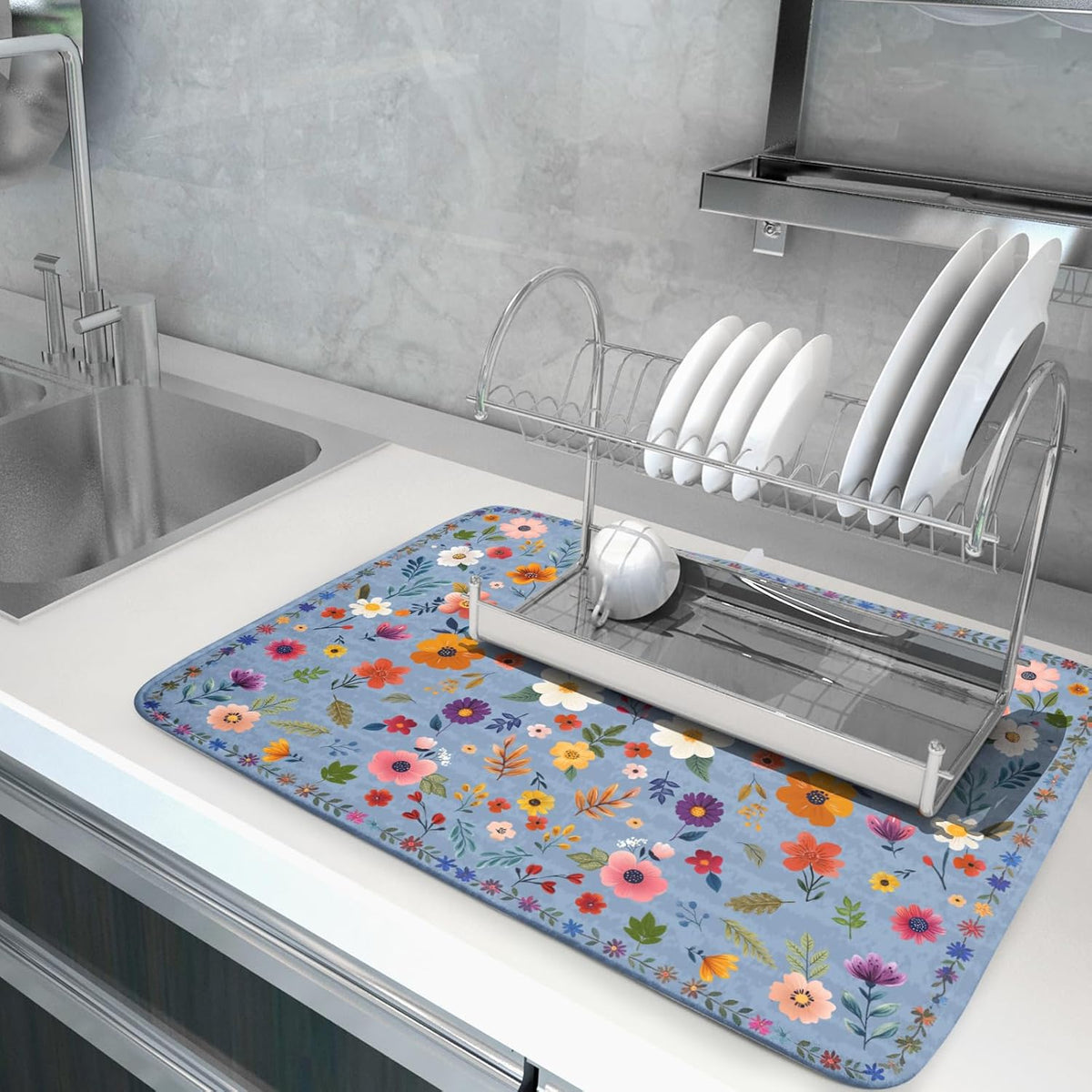 Colorful Flower Dish Drying Mat - Blue Large Floral Coffee Mat for Kitchen Counter Decor 18 X 24