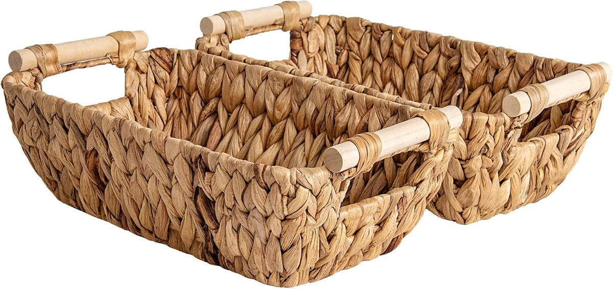 StorageWorks Hand-Woven Small Wicker Baskets, Water Hyacinth Storage Baskets with Wooden Handles, 2-Pack