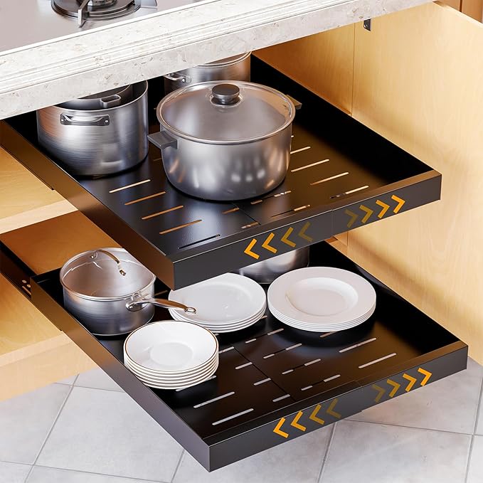 SpaceAid Pull Out Cabinet Organizer, 1 Pack Expandable 11.8"-19.6" (Need to Pull to Widen) Heavy Duty Pull-Out Drawer with Adhesive Tape for Kitchen Storage Cabinets (Black, 21" Deep)