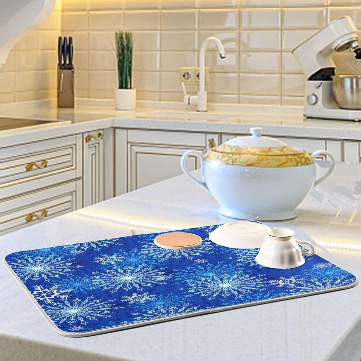 Blue Christmas Snowflakes Dish Drying Mat for Kitchen Counter Absorbent Microfiber Drying Pad, Large 18x24 in, Reversible Drainer Mats