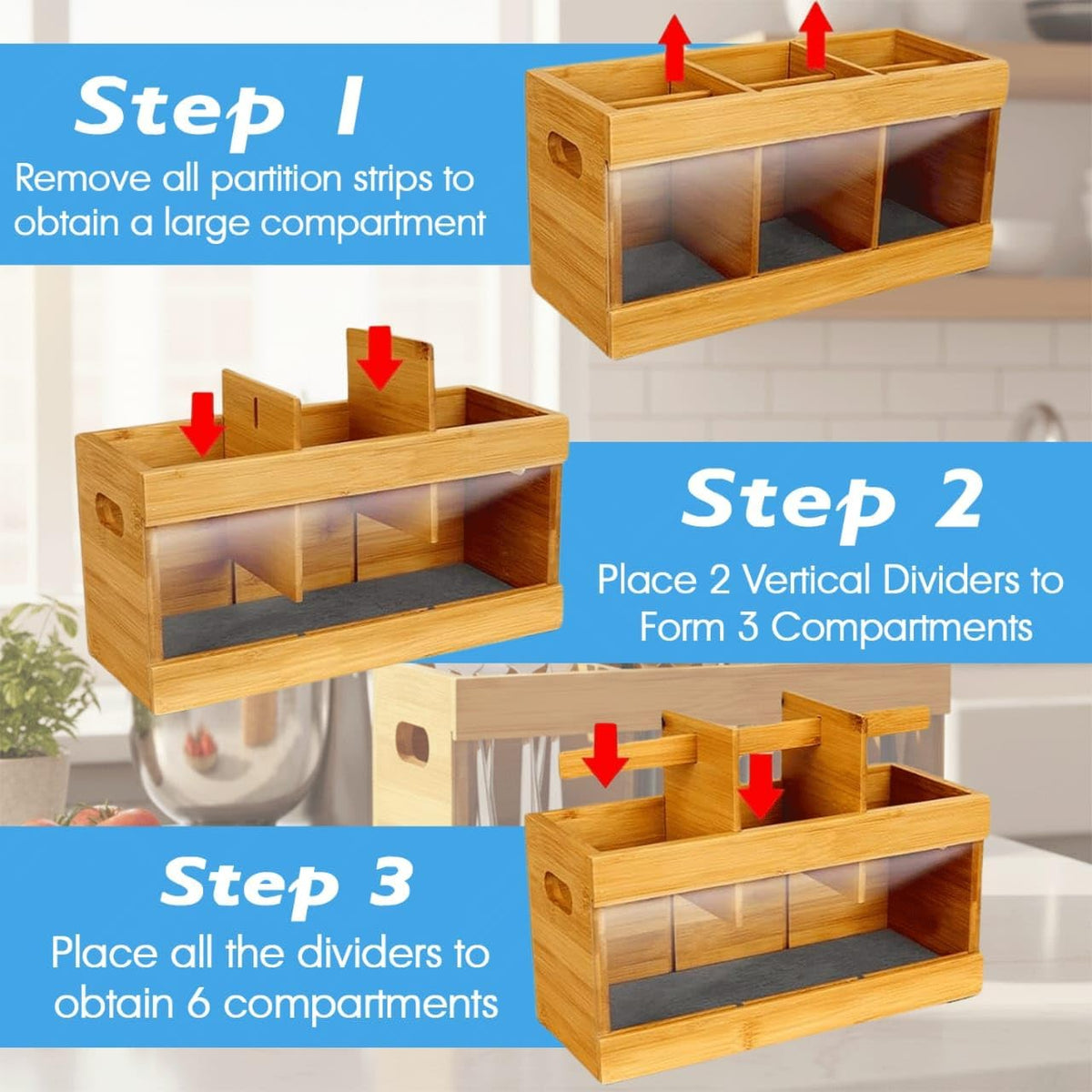 Wooden Utensil Holder Organizer with 6 Compartments, Rustic Countertop Kitchen Utensil Holder perfect for storing spoons, spatulas, cooking tools, and silverware, keeping your kitchen neat, organized