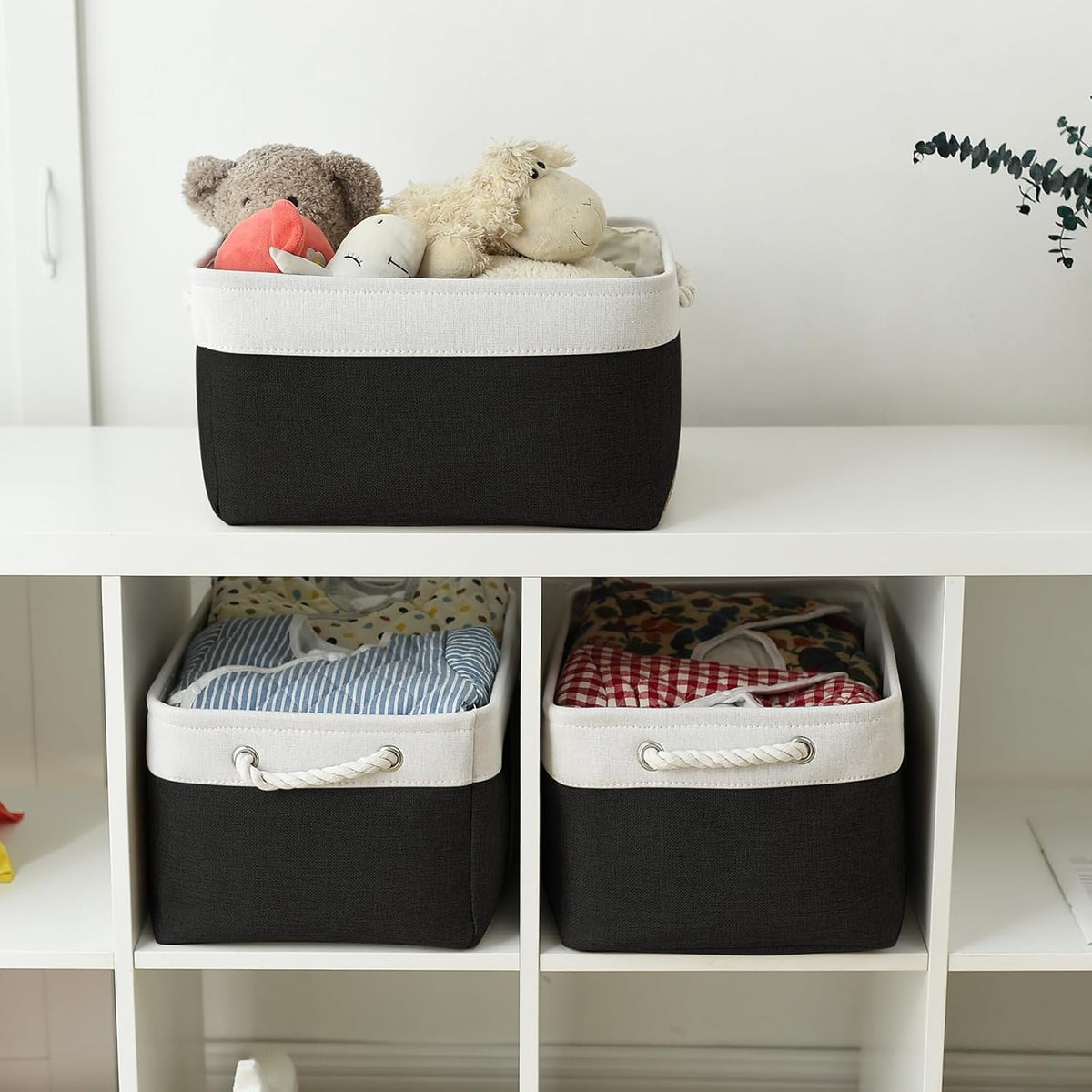 TheWarmHome Storage Basket for Organizing - Large 3 Pack 15.7x11.8x8.3 inch Collapsible Storage Bin for Shelves with Handles Laundry Cube Toy Closet Nursery (Whiet & Black)