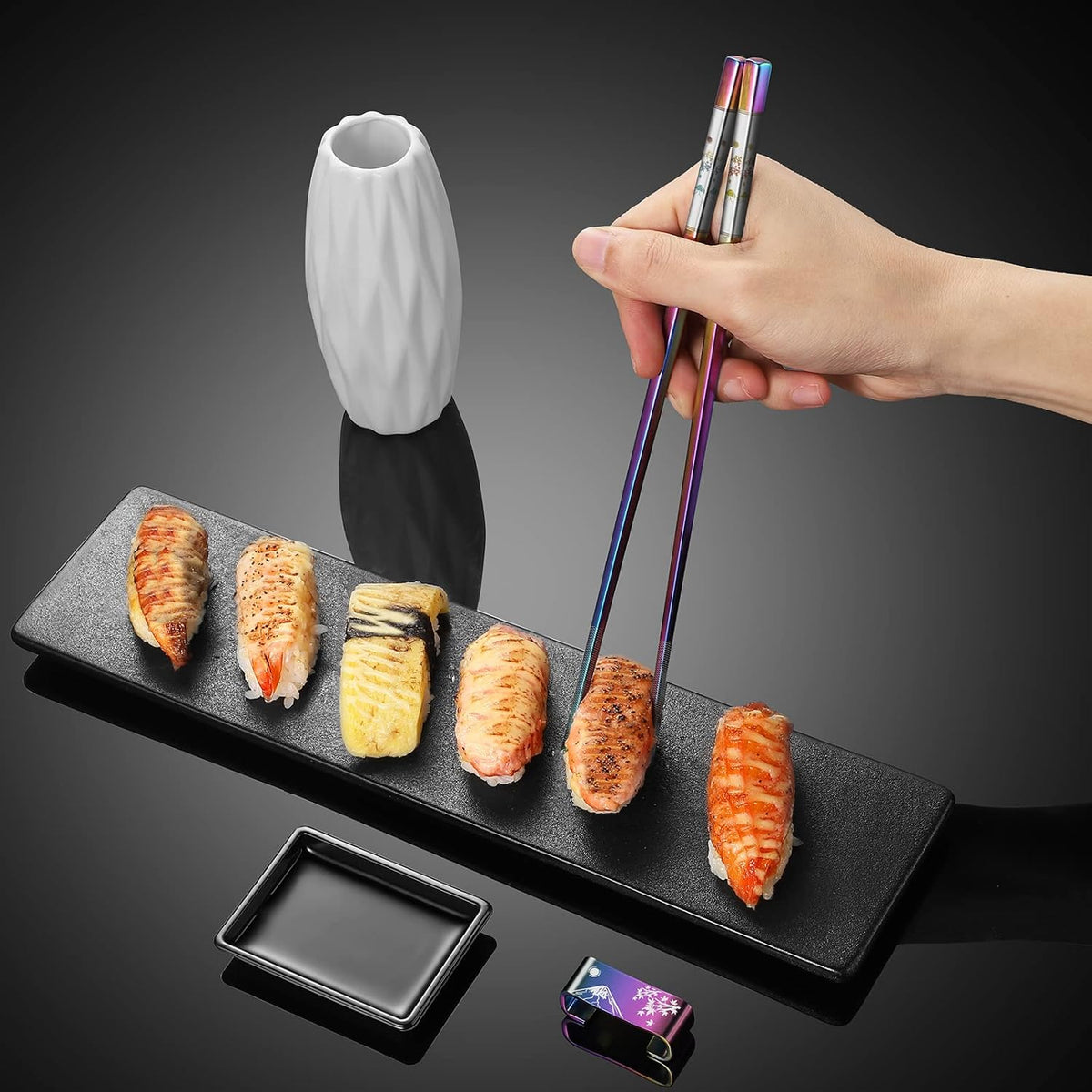 Metal Chopsticks Reusable 2 Pairs Titanium Plated 18/8 Stainless Steel Chopsticks with Holder, Dishwasher Safe Non-Slip Japanese Style Laser Engraved Chop Sticks Gift Set (Rainbow)