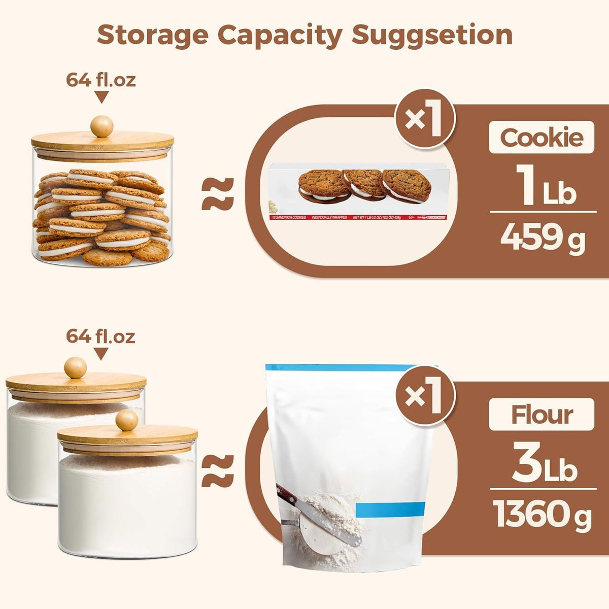 ComSaf Half Gallon Cookie Jar, Large Glass Jar with Lid Set of 2, 64 OZ Glass Food Storage Containers, Flour Sugar Storage Containers for Candy Cereal Nuts Beans, Canisters Sets for The Kitchen
