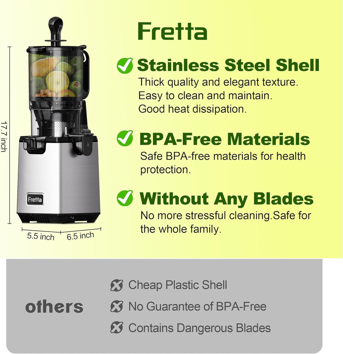 Juicer Machine,5.3" Wide Chute Cold Press Juicer,PCTG BPA-Free, 54oz Large Capacity,Stainless Steel Slow Masticating Juicer for Whole Fruits & Vegetables, Easy to Clean,High Juice Yield,Gray