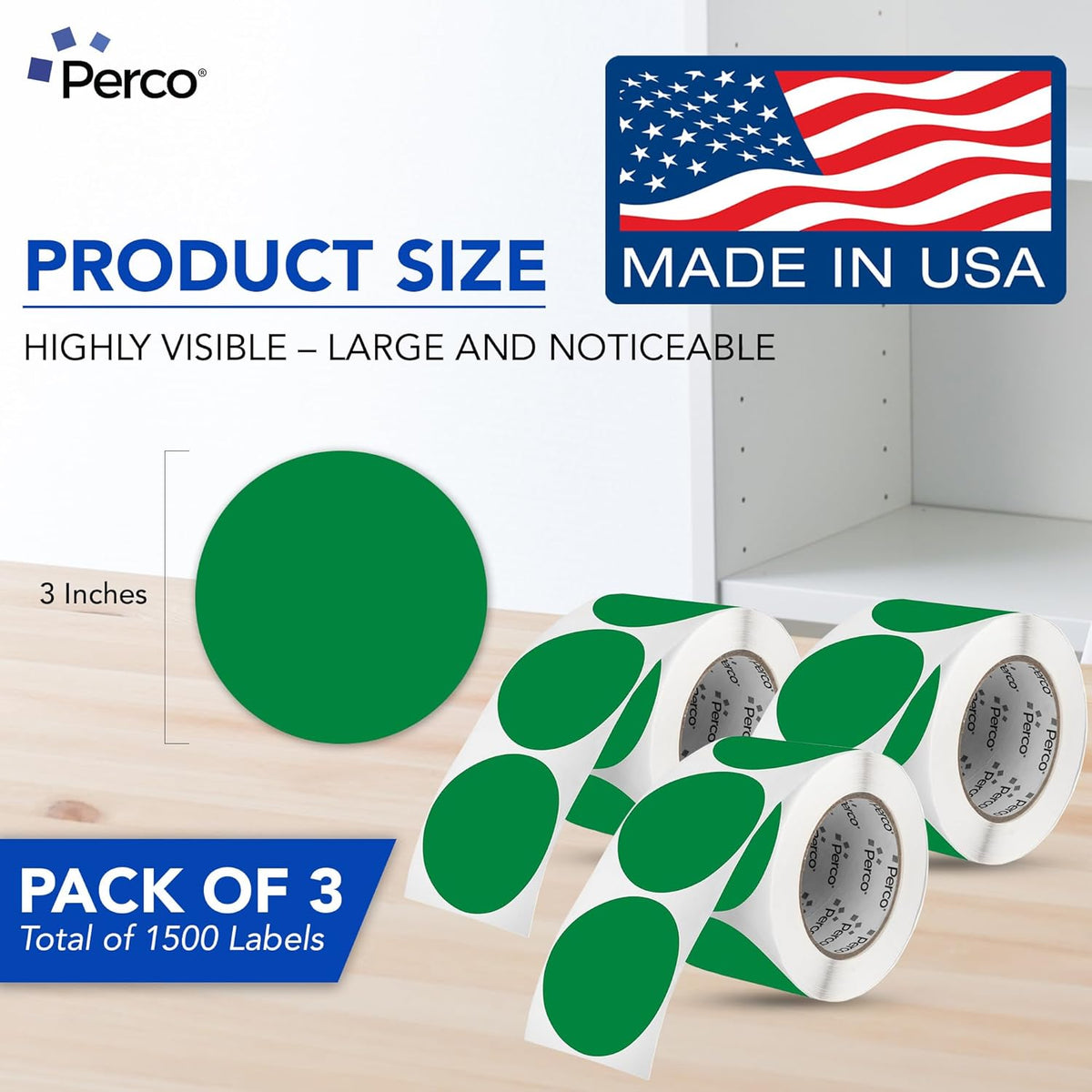 Perco Green 3-Inch Round Circle Dot Sticker Labels - Multi-Roll Pack (3 Rolls, 500 Labels Each) - Permanent Adhesive, Vibrant Colors, Strong Hold - Perforated for Easy Use - Made in USA
