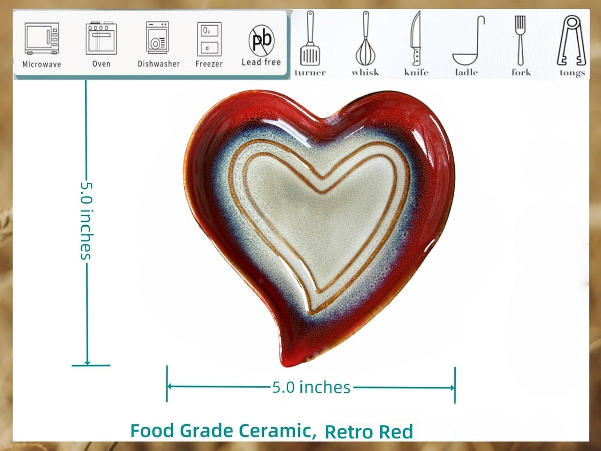 Ceramic Spoon Rest for Stove Top, Heart Cute Spoon Rest for Kitchen Counter, Cooking Spoon Holder for Kitchen Counter, Utensil Rest Spatula Rest Ladle Holder Tong Rest (Retro Red)