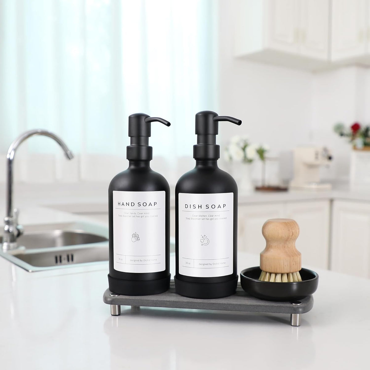 [Luxury] Kitchen Soap Dispenser Set - 16OZ Black Glass Bottle, Stainless Steel Pump, Instant Dry Tray, Waterproof Labels, Non-Slip Silicone Pad, and Dish Brush | Upgrade for Your Kitchen and Bathroom