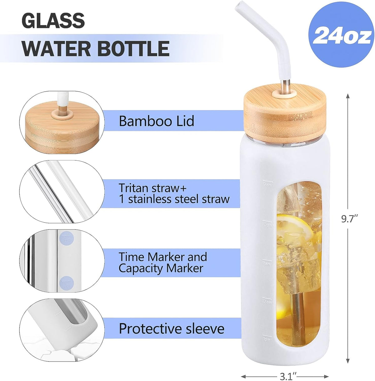 Glass Water Bottle with Straw, 24oz Glass Drinking Bottle with 2 Lids-Bamboo and Spout Lid with Phone Holder Handle for Gym Sports,with Silicone Sleeve and Time Marker,White