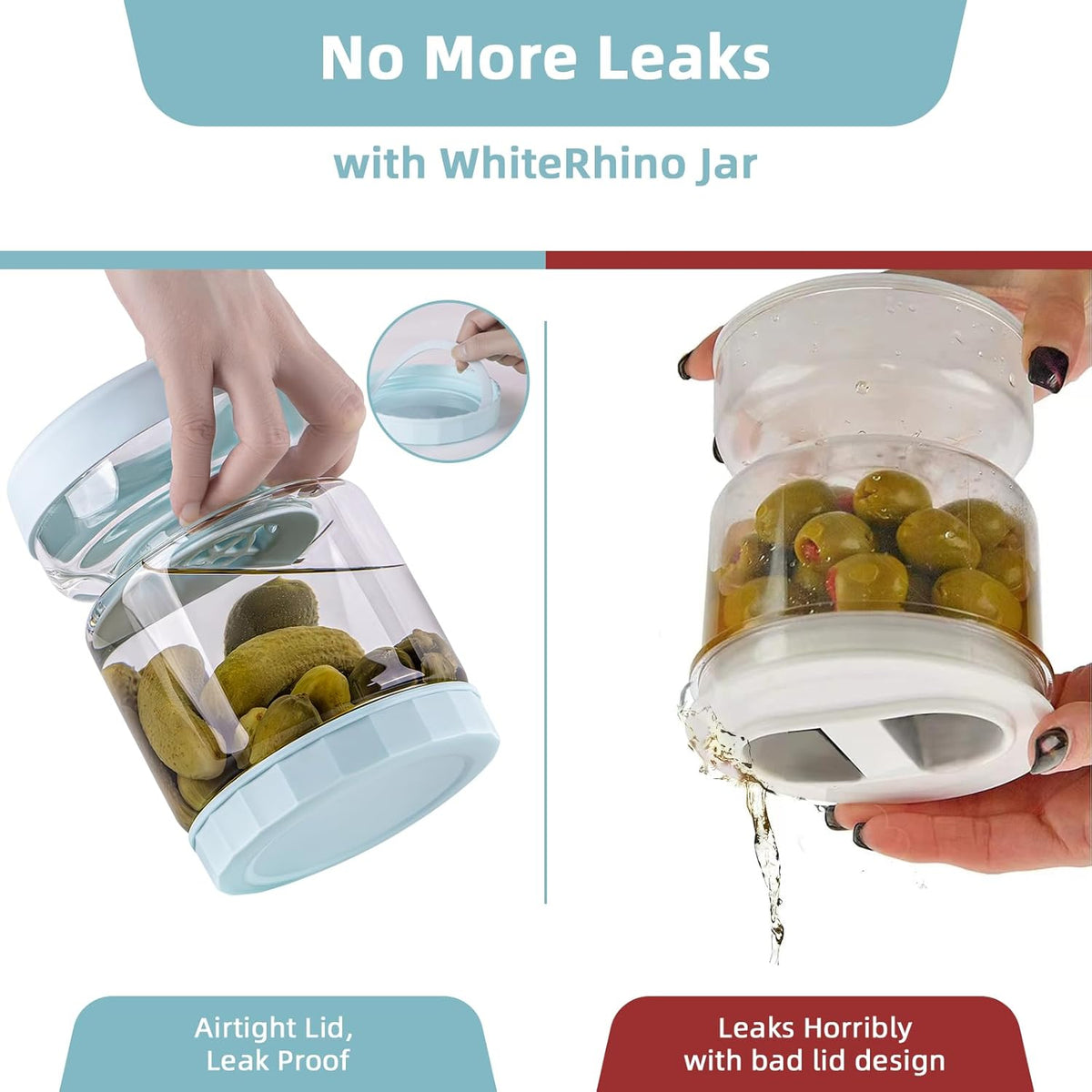 WhiteRhino Glass Pickle Container with Strainer Flip, 51oz Hourglass Pickle Flip Jar, Leakproof Storage, Separates Juice for Olives, Onions, Gherkins