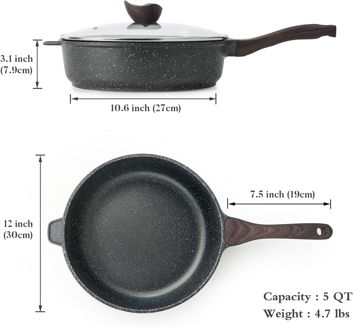 Nonstick Deep Frying Pan with Lid, 12 Inch Large Skillet, 5 Qt Non Stick Saute Pan for Cooking, Healthy Induction Cookware, PFOA Free