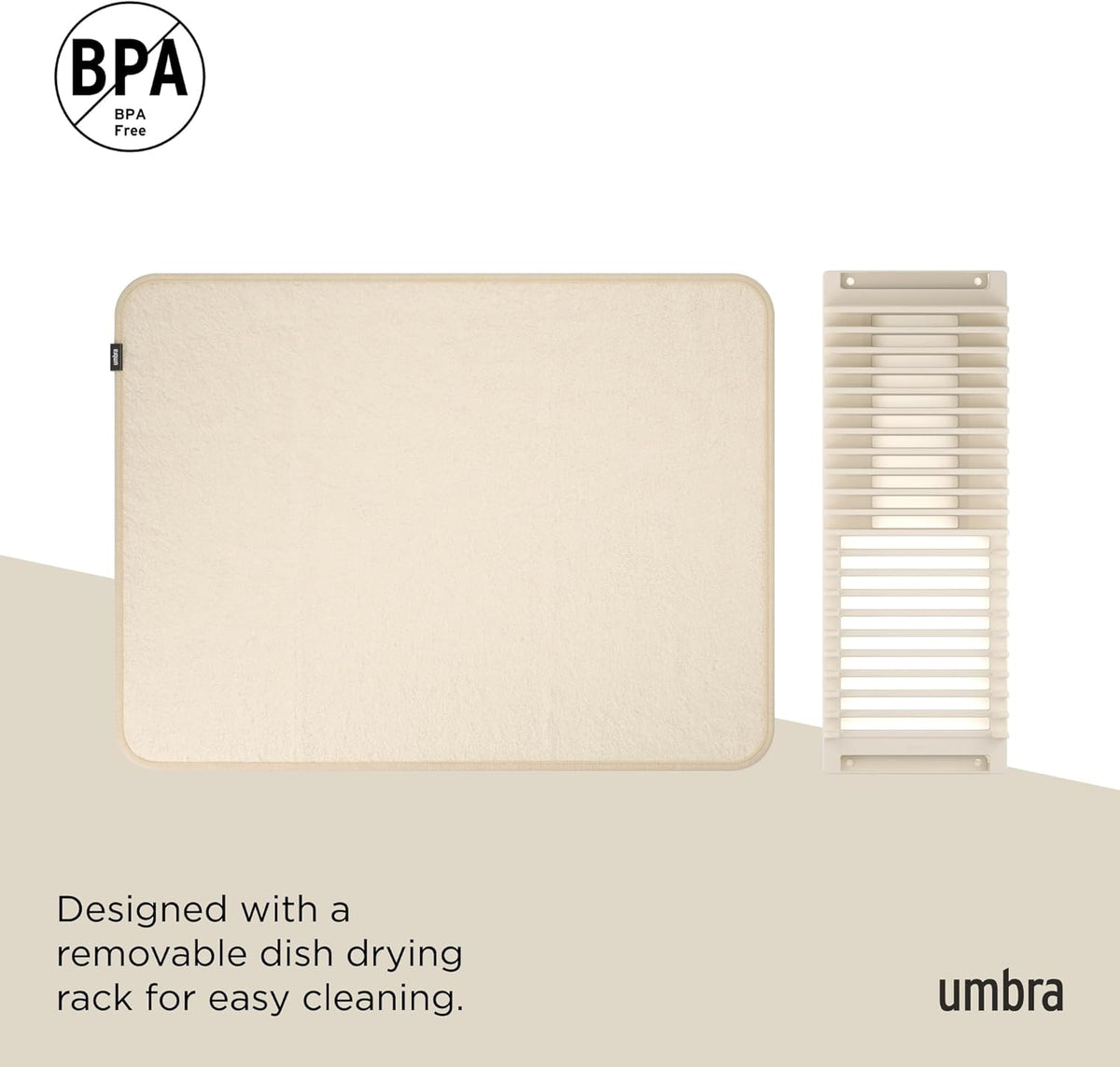 Umbra Udry Dish Rack and Microfiber Drying Mat – Space-Saving Design Folds Up for Easy Storage, Basic Rack, Linen