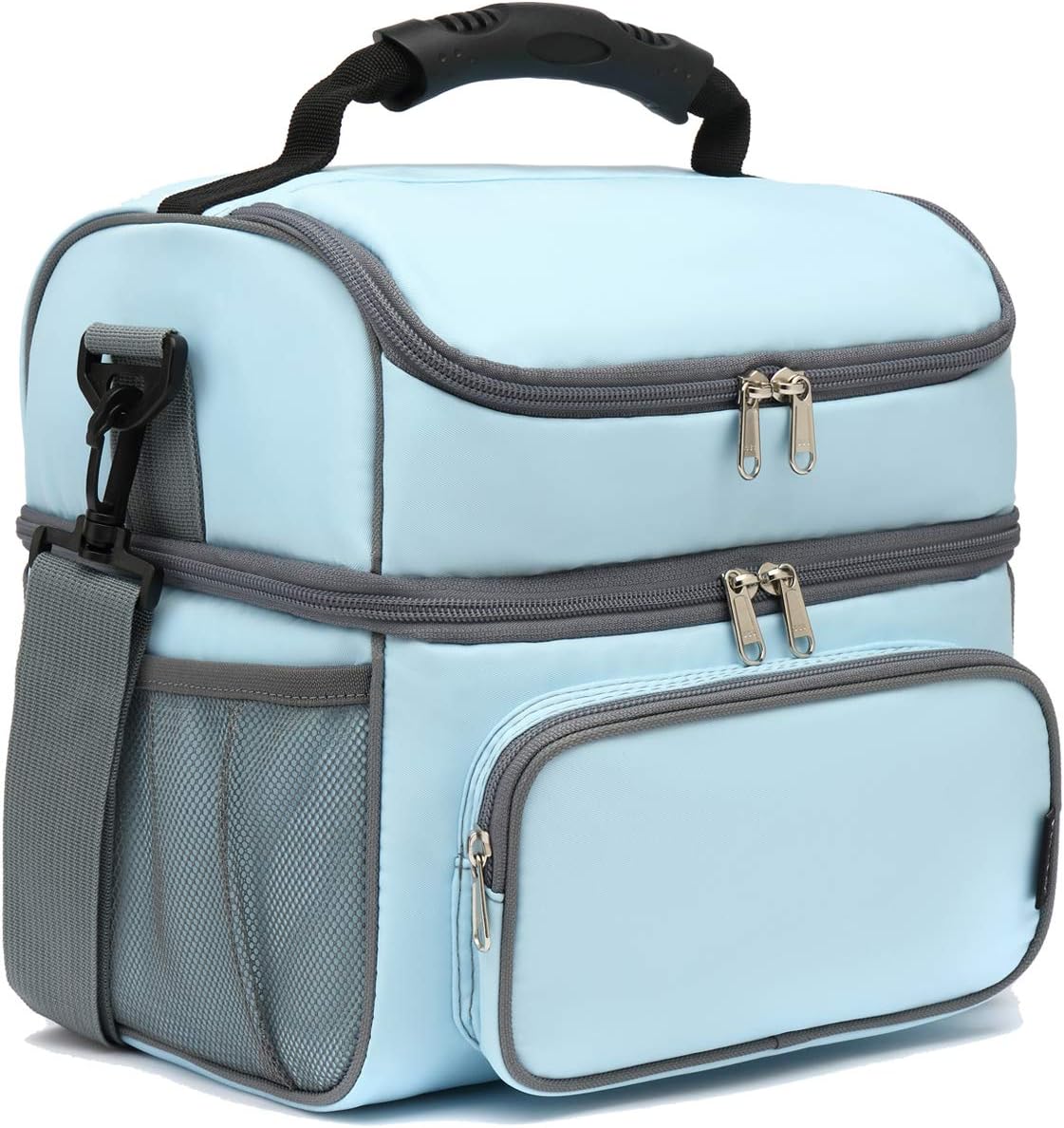 FlowFly Double Layer Cooler Insulated Lunch Bag Adult Lunch Box Large Tote Bag for Men, Women, With Adjustable Strap,Front Pocket and Dual Large Mesh Side Pockets