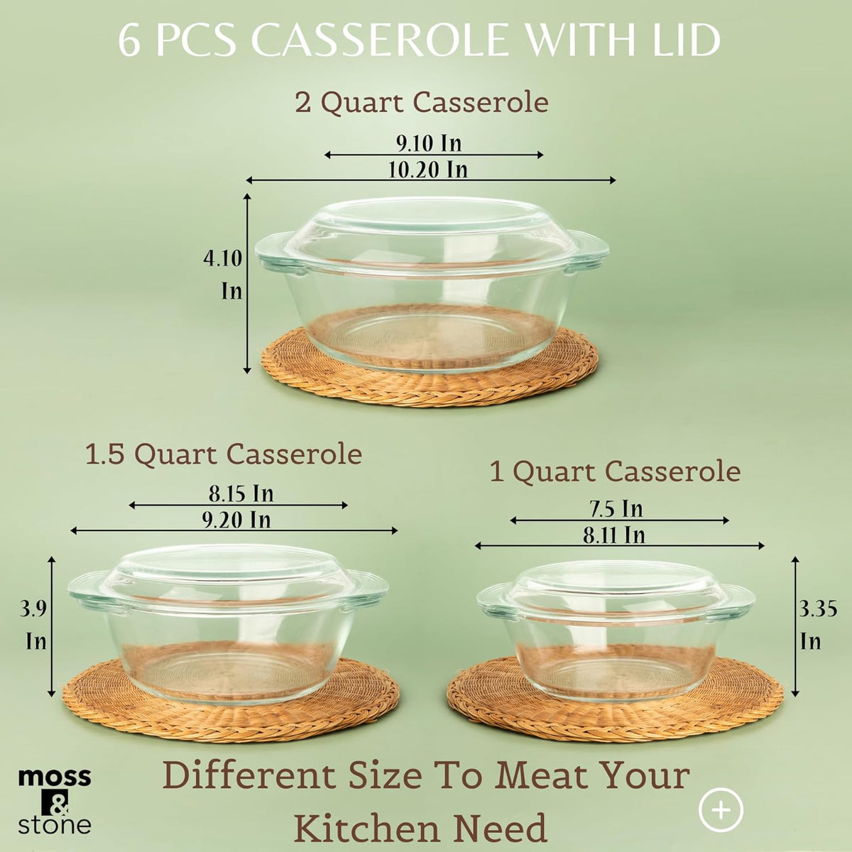 Moss & Stone 6-Piece Clear Glass Casserole Dishes for Oven With Lids, Durable Tempered Borosilicate Glass Bakeware Set, Microwave Safe, 3 Round Sizes for Cooking, Serving & Storage