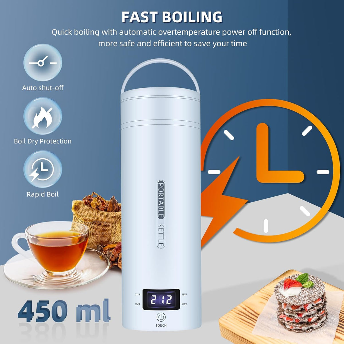 Travel Electric Kettle Portable Small Mini Tea Coffee Kettle Water Boiler, Water Heater with 4 Temperature Control,304 Stainless Steel with Auto Shut-Off & Boil Dry Protection, BPA-Free (Blue)