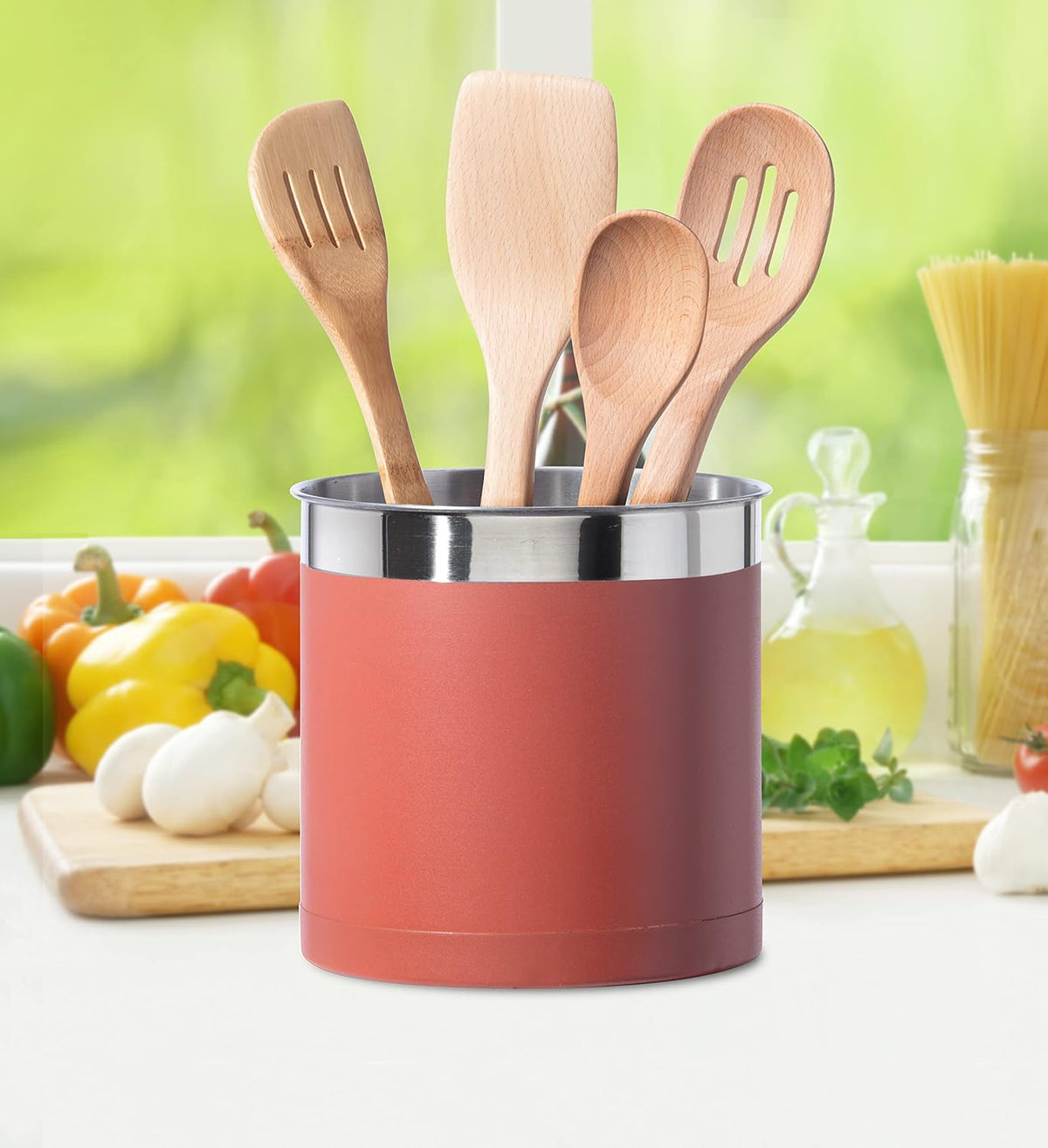 OGGI Stainless Steel Jumbo Utensil Holder - 7" Utensil Caddy, Weighted Base for Stability - Extra Large Utensil Crock and Countertop Utensil Organizer, Brick Red