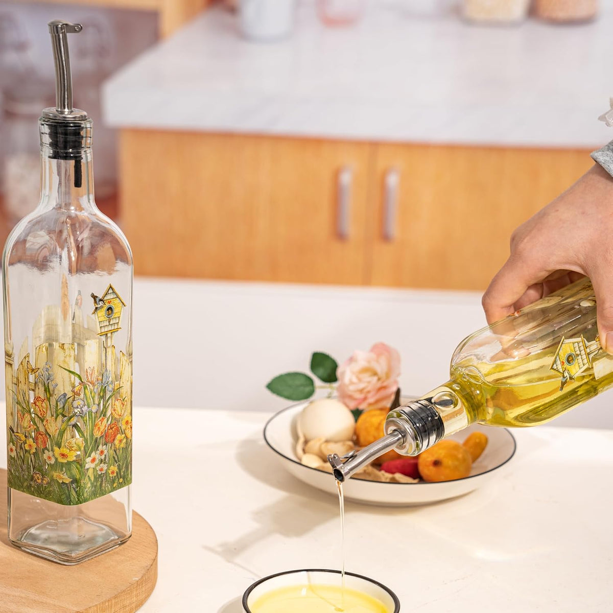 TZSSP Olive Oil Bottle, Oil & Vinegar Cruet Bottle 17oz/500ml - Dispenser Bottle Set, Glass Container with Drip-Free Stainless Steel Pourers, Bottle Set for Kitchen, Garden