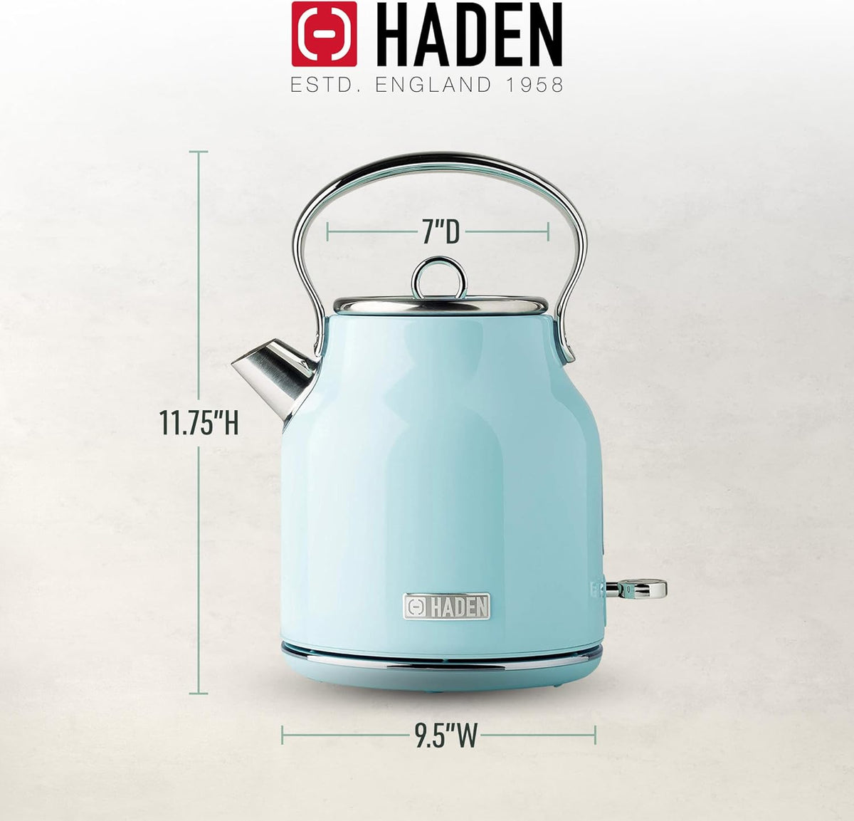 Haden Heritage 1.7 Liter Stainless Steel Electric Kettle, Hot Water Kettle with 360-Degree Base and Auto Shutoff, Turquoise & Chrome