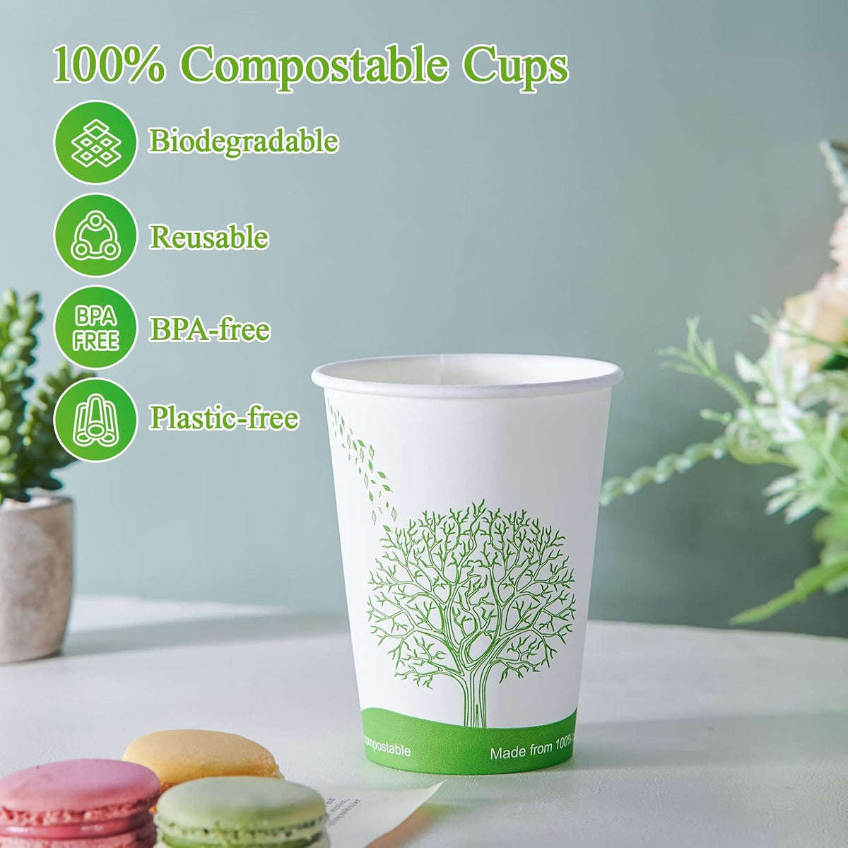 ECOLipak 240 Count 12 oz Compostable Paper Cups, Biodegradable Disposable Paper Coffee Cups with PLA Lined, Eco-friendly Hot Drinking Cups for Party, Picnic,Travel,and Events