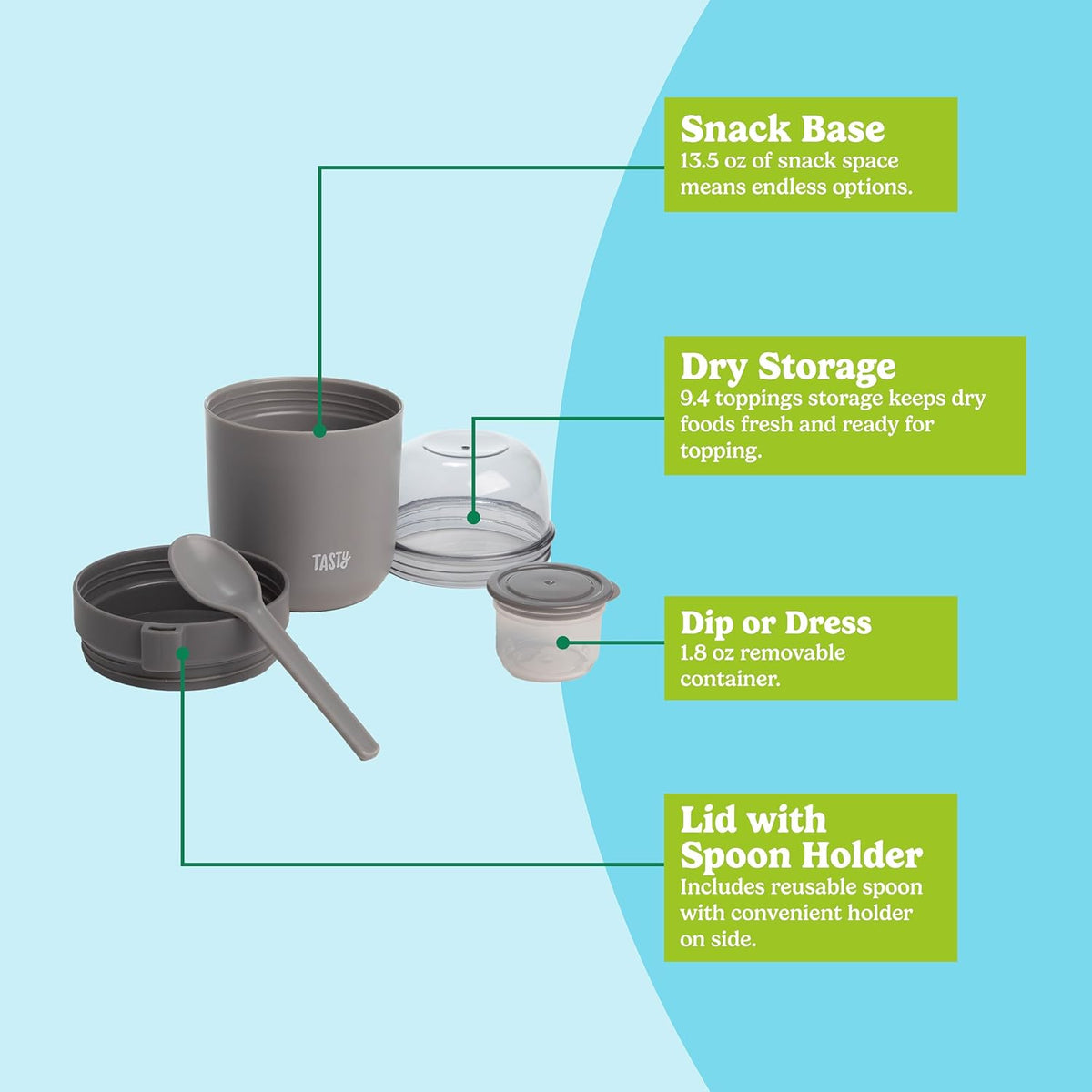Tasty Travel Snack Cups with Spoons, On-The-Go Snacking, Divided Compartments, Great for Nuts, Cereal, Granola, Yogurt and More, Made Without BPA, 2-Pack, Gray
