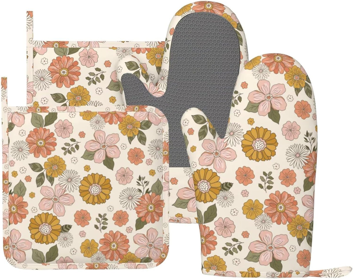 Retro 70s Style Flower Oven Mitts and Pot Holders Set of 4 Silicone Retro Boho Groovy Flower Kitchen Mitten Gloves and Non-Slip Potholders Set Heat Resistant Oven Gloves Hot Holders for BBQ