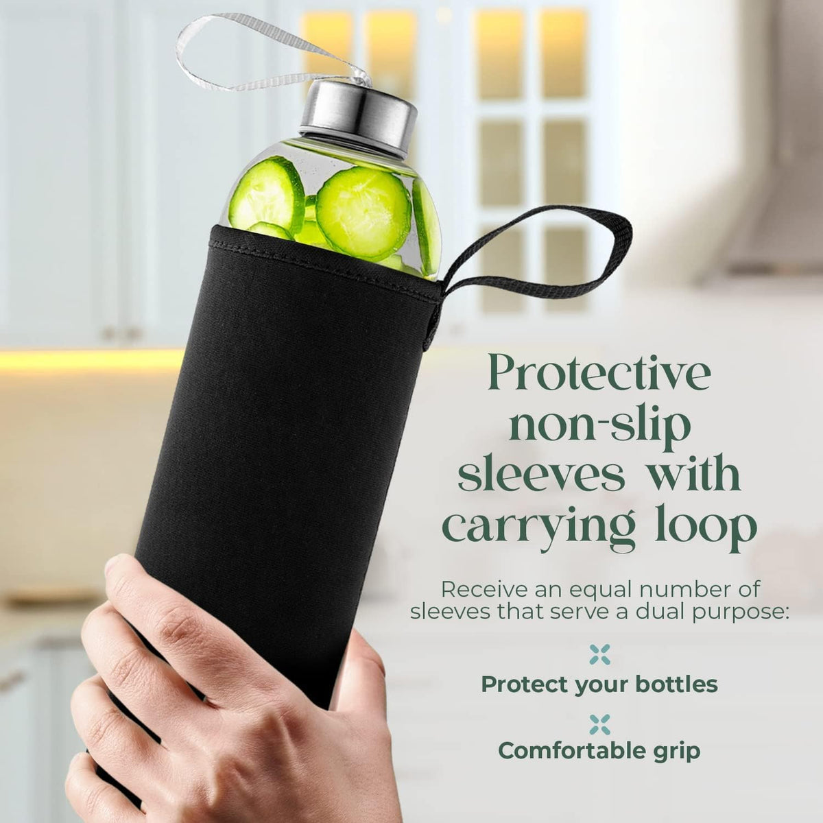 16 Ounce Glass Water Bottles, Reusable Water Bottles with Airtight, Pack of 6, Stainless Steel Lids Carrying Strap And Nylon Water Bottle Protective Sleeves for Hot Or Cold Drinks