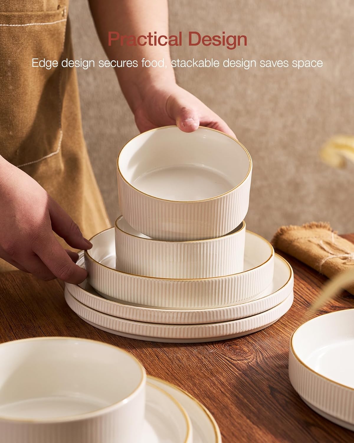 Famiware Star Dinnerware Set, Plates and Bowls Sets for 6 (18pcs), Ribbed Stoneware Dishes - Chip & Scratch Resistant, Microwave & Dishwasher Safe Kitchenware, Vanilla White