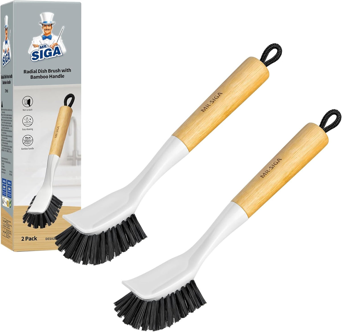MR.SIGA Dish Brush with Handle, Dish Scrub Brush, Bamboo Dish Brush, Safe on Nonstick Pots, Pans, 2 Pack