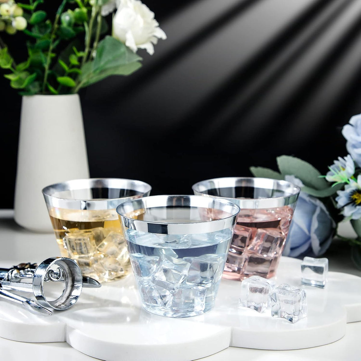 I00000 200pcs Silver Disposable Plastic Cups - 9 oz Clear Plastic Old Fashioned Tumblers - Fancy Wedding & Party Cups - Elegant Silver Wine & Cocktail Glasses
