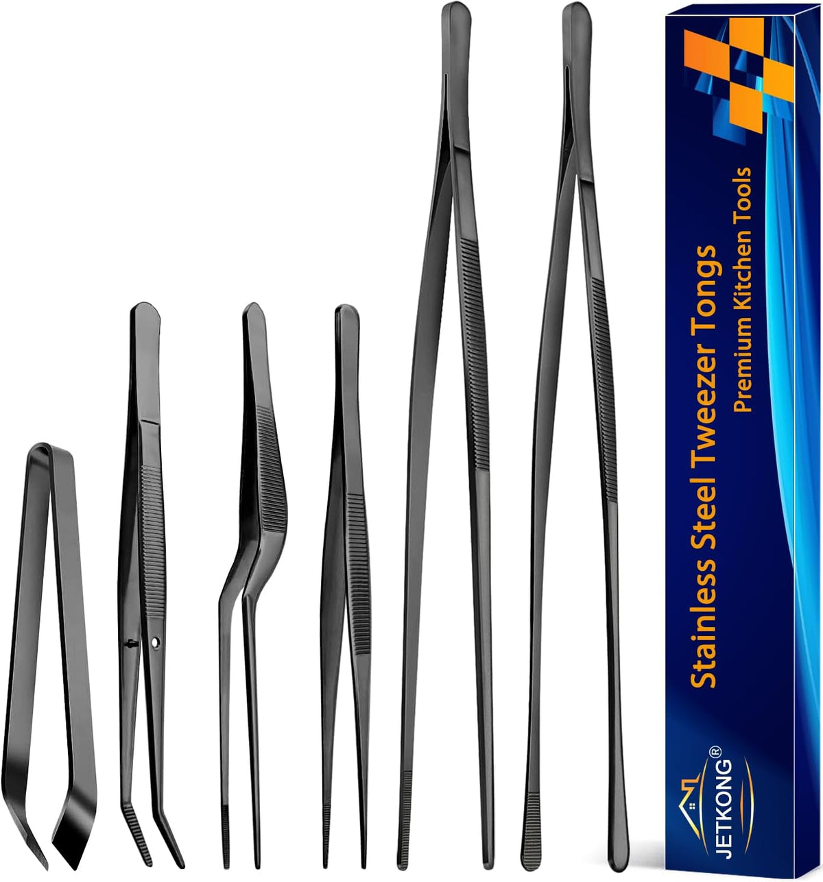 JETKONG 6 Pcs Cooking Tweezer Tongs, 12'' and 6.3" Stainless Steel Kitchen Tweezer Set, Professional Chef Tweezers for Cooking, Repairing, Sea Food, BBQ, Multi-use (Black)