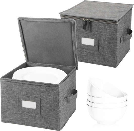 popoly China Storage Container for Bowls or Dessert Plates, 8.5" W x 6" H Plate Storage Case with 24 Felt Dividers, Hard Shell and Stackable (2 Pack Grey)