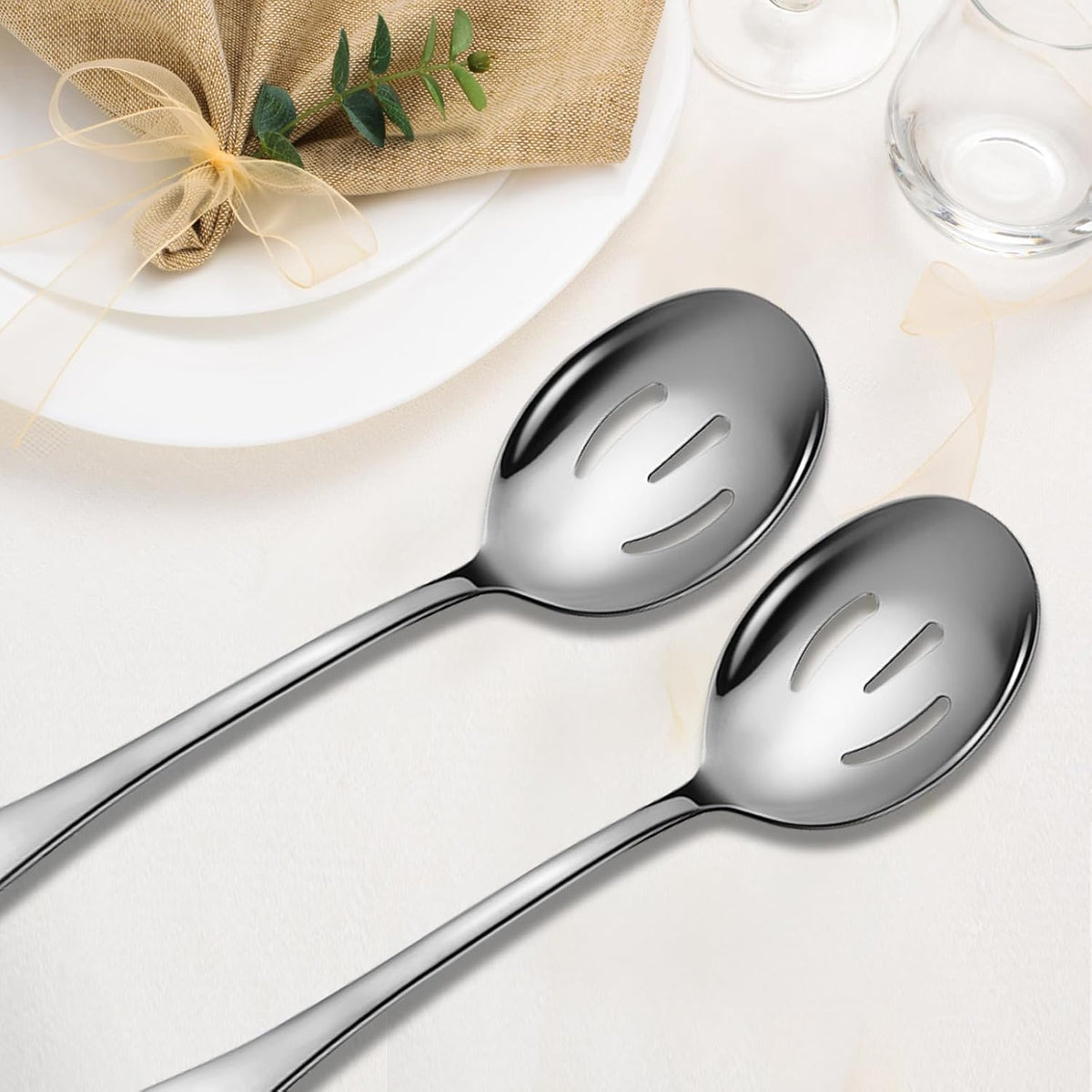 Large Serving Spoons, 8 Pieces Large Stainless Steel Serving Spoons Set Includes 8 Large Slotted Spoons. Serving Spoons for Parties/Kitchen/Buffet, Dishwasher Safe, 10-Inch, Silver