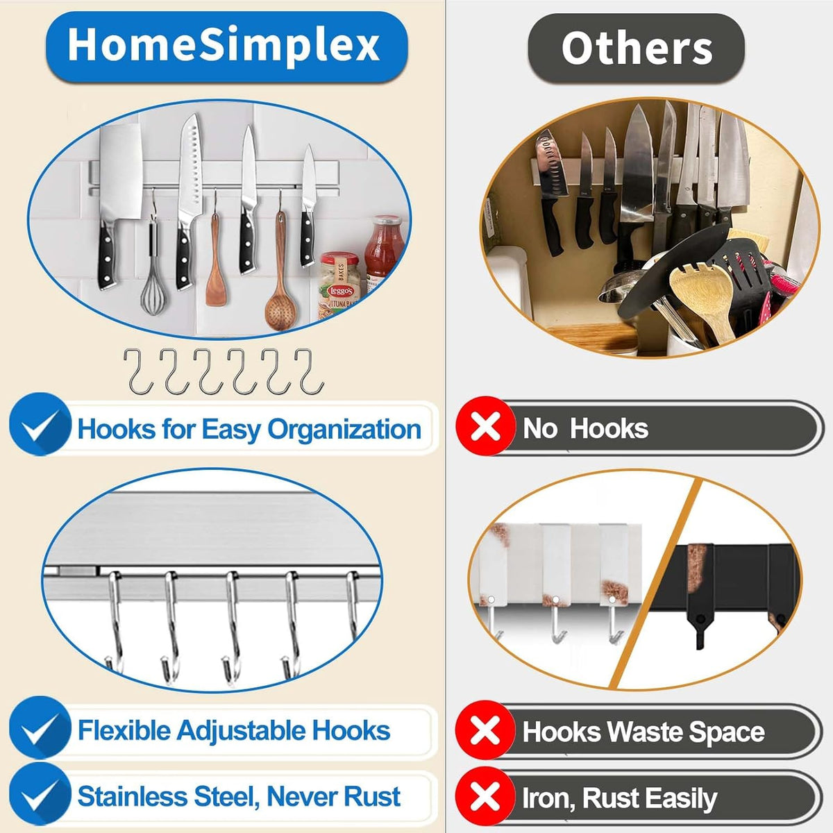 17 Inch Magnetic Knife Holder for Wall, Adhesive Knife Magnetic Strip No Drilling with 12 Hooks, Powerful Magnetic Knife Strip, Magnetic tool Holder for Kitchen Knives & Utensils (Silver)